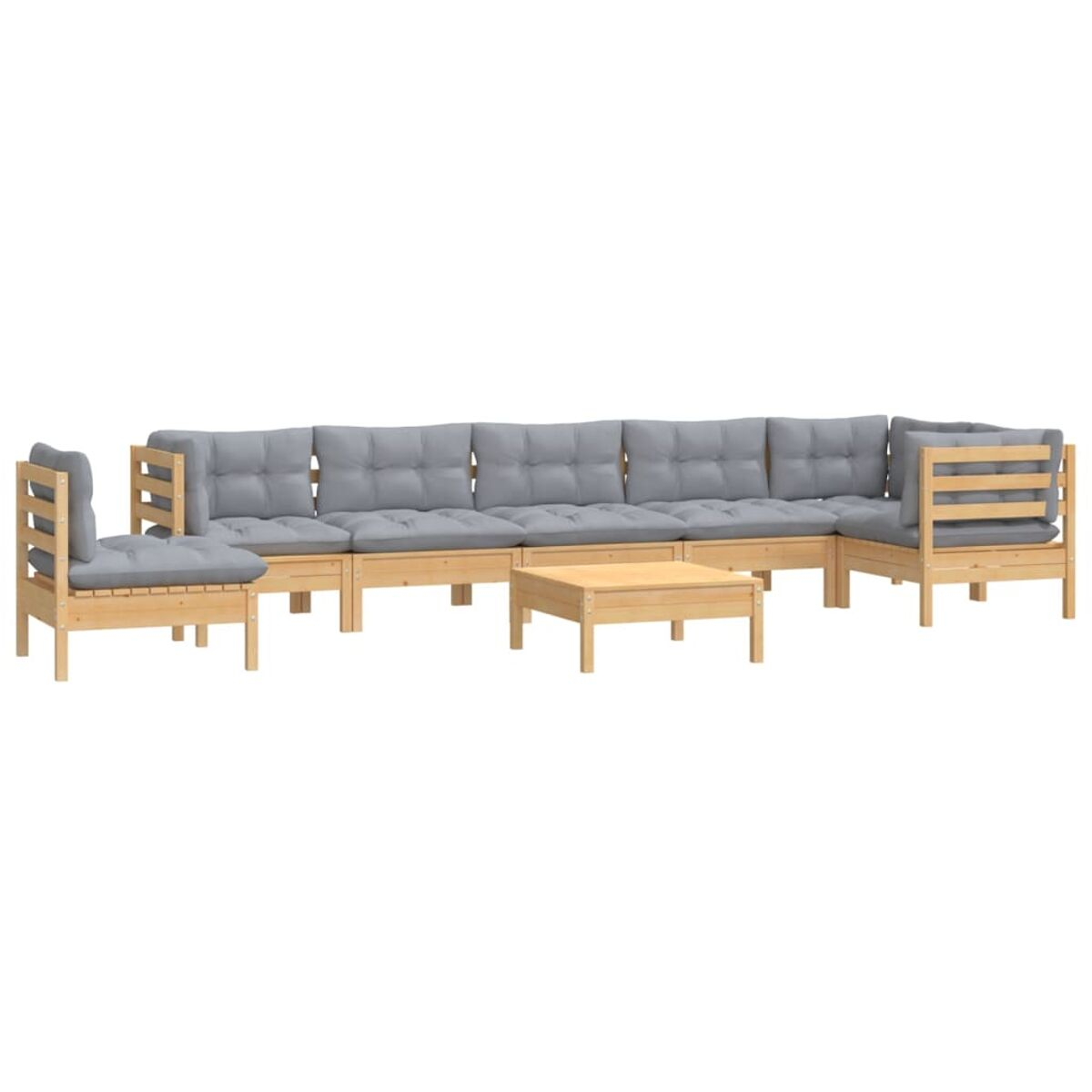 Outdoor-Sofagarnitur mit grauen Kissen und hellem Holzrahmen, einschließlich Couchtisch.