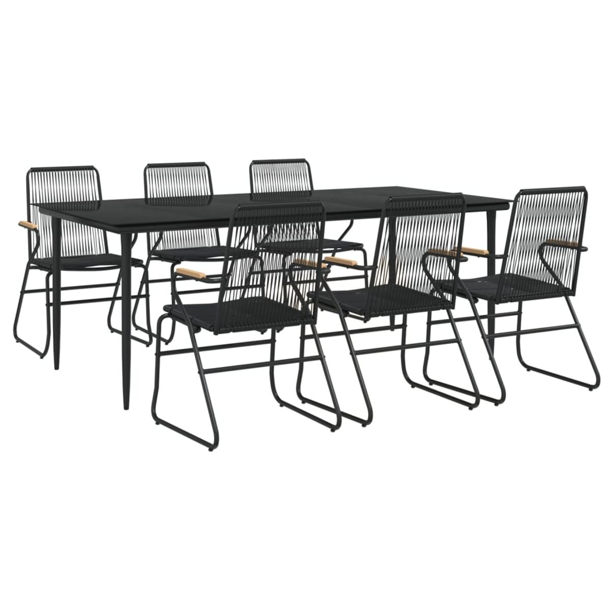 Schwarzer Metalltisch mit sechs Stühlen. Stühle haben gewebte Sitze und Armlehnen.