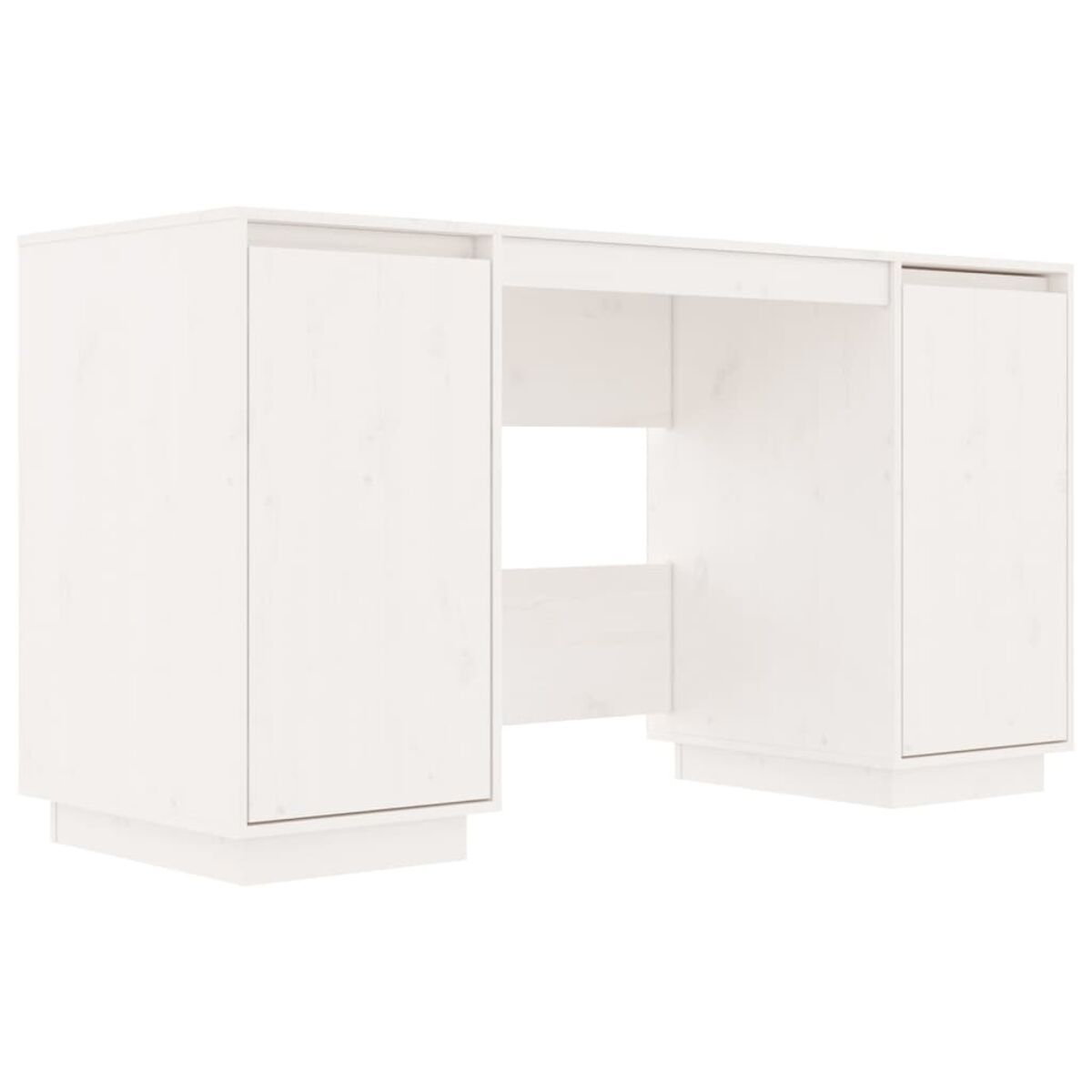 Weißer Schreibtisch mit zwei Schränken und einem offenen Mittelteil. Minimalistischer Stil.