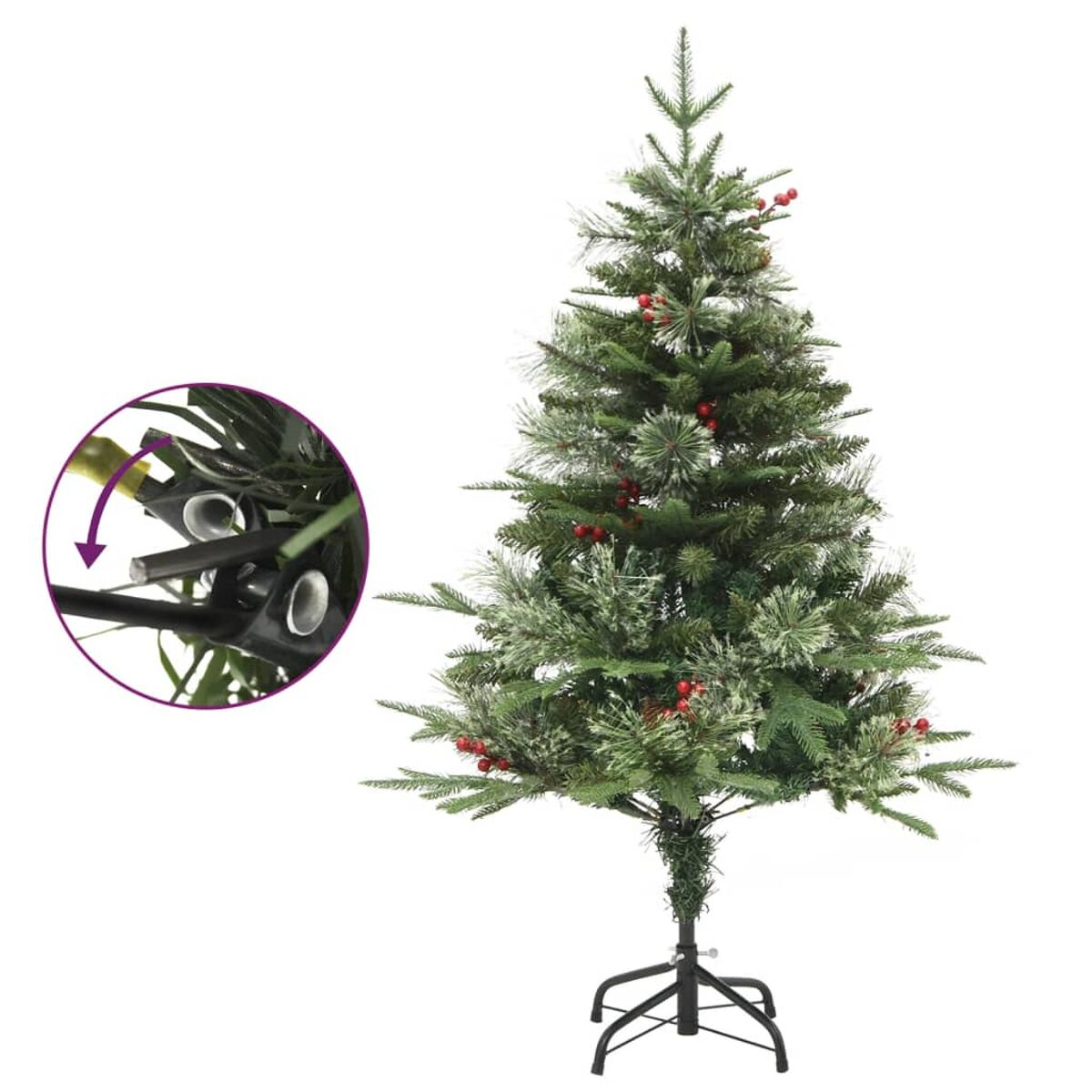 Ein künstlicher Weihnachtsbaum mit roten Beeren und Detailansicht der Lichter auf Weiß.