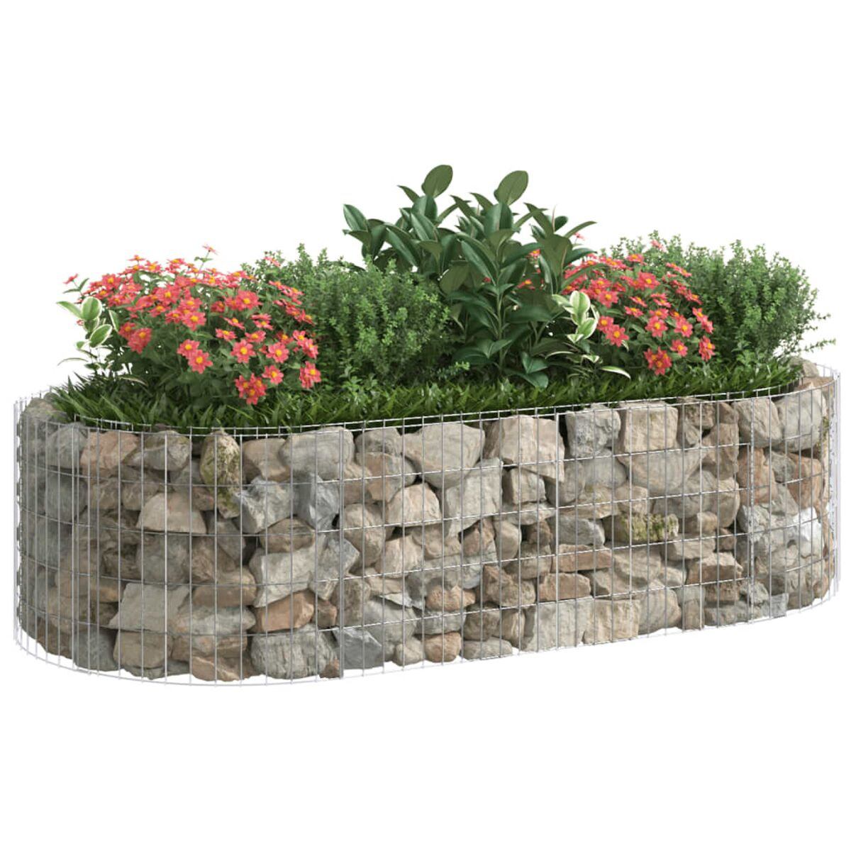 Ovale Gabionen-Pflanzschale mit Blumen und Pflanzen. Sie ist mit Steinen gefüllt und von Drahtgeflecht umgeben.