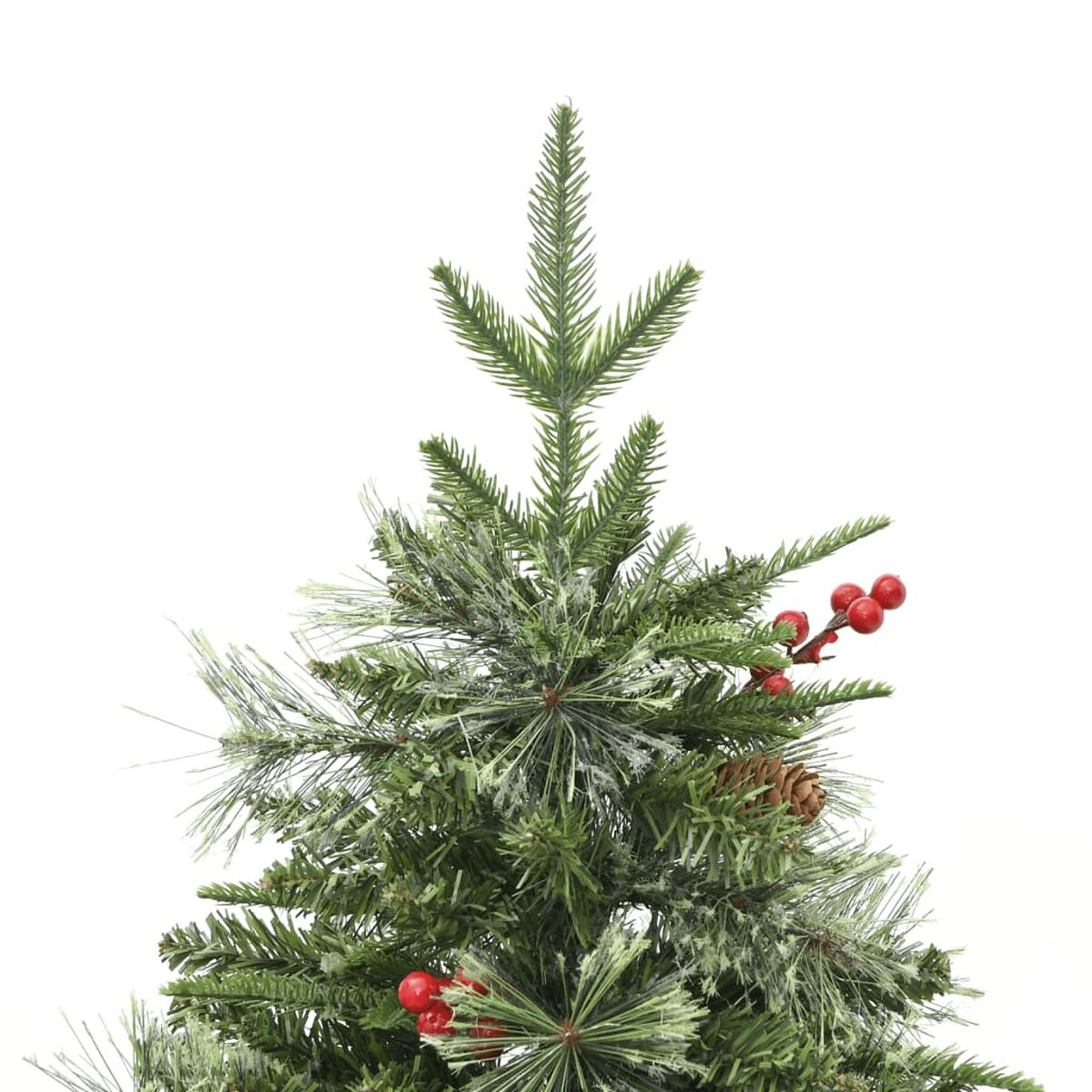 Nahaufnahme einer Weihnachtsbaumspitze mit grünen Nadeln, roten Beeren und einem Tannenzapfen.