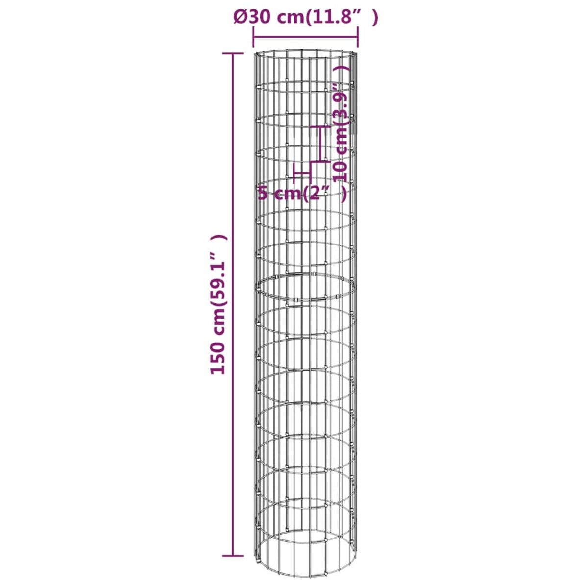 Pflanzenstütze aus Metalldraht mit Maßen. 150 cm hoch, 30 cm Durchmesser, und 5 cm und 10 cm.