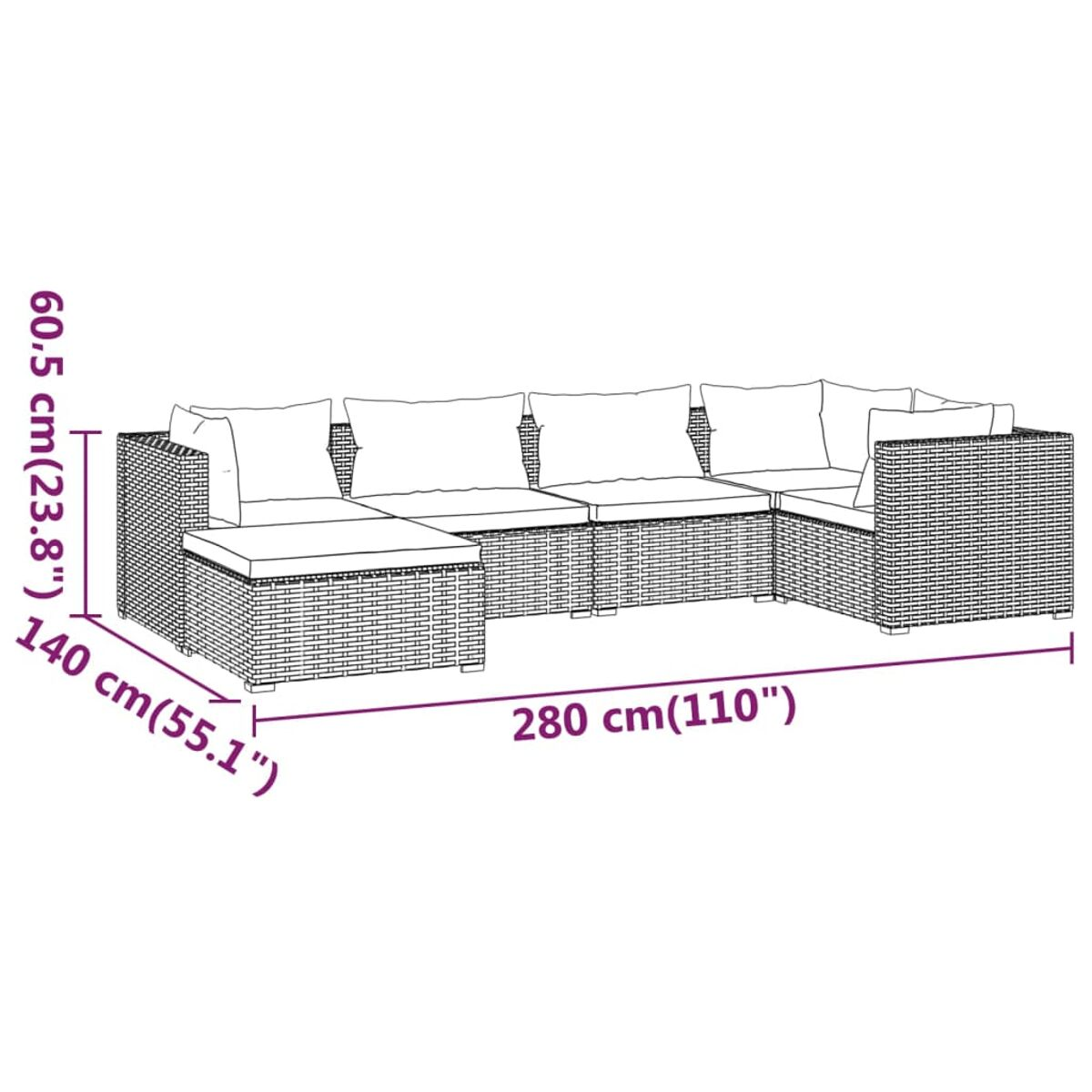 Ein Diagramm eines Outdoor-Sofasets aus Korbgeflecht mit Maßen vor weißem Hintergrund.