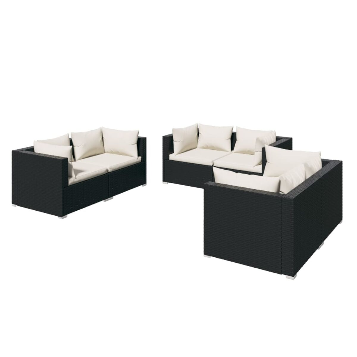 Ein schwarzes Outdoor-Sitzmöbel-Set aus Korbgeflecht auf weißem Hintergrund. Inklusive Sofas und Kissen.
