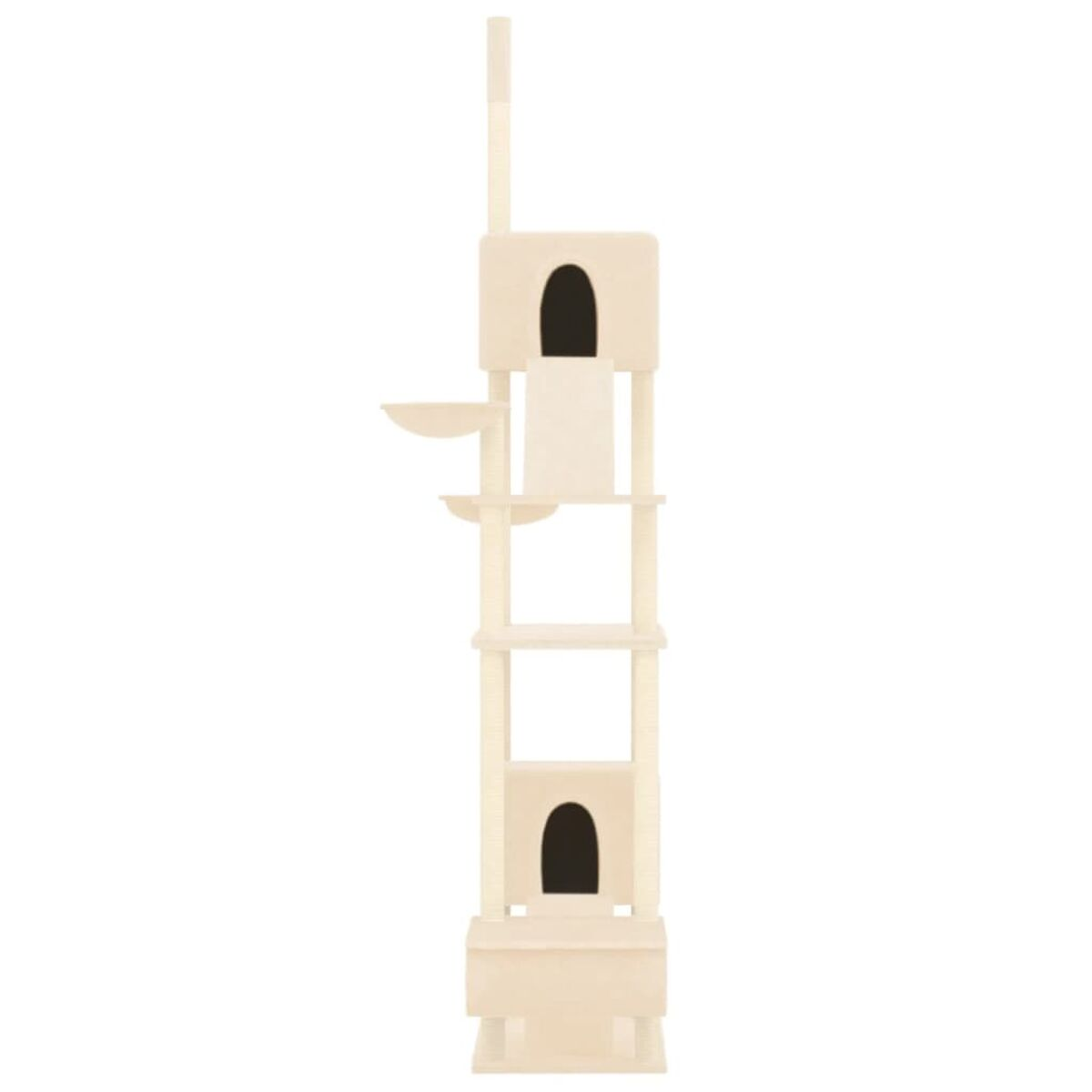 Ein hoher Katzenbaum mit mehreren Ebenen, beige und dunklen Öffnungen.