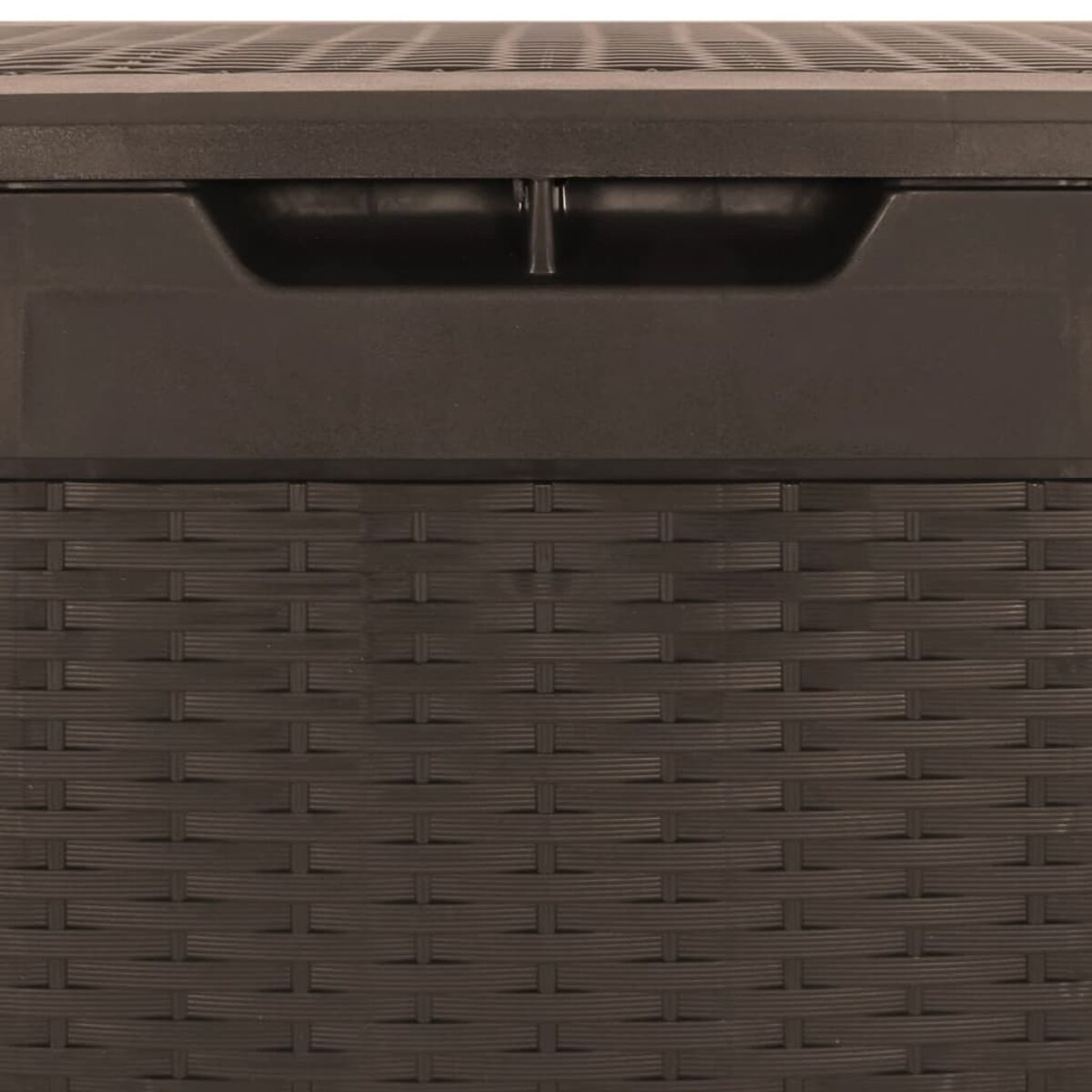 Braune Aufbewahrungsbox mit gewebtem Muster. Der Deckel hat einen Griff.