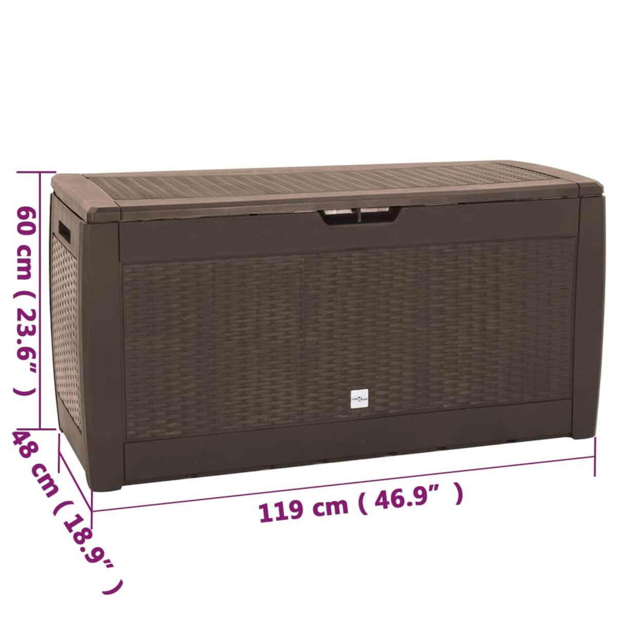 Eine braune Outdoor-Aufbewahrungsbox mit Abmessungen. Sie hat ein gewebtes Muster und einen Deckel.