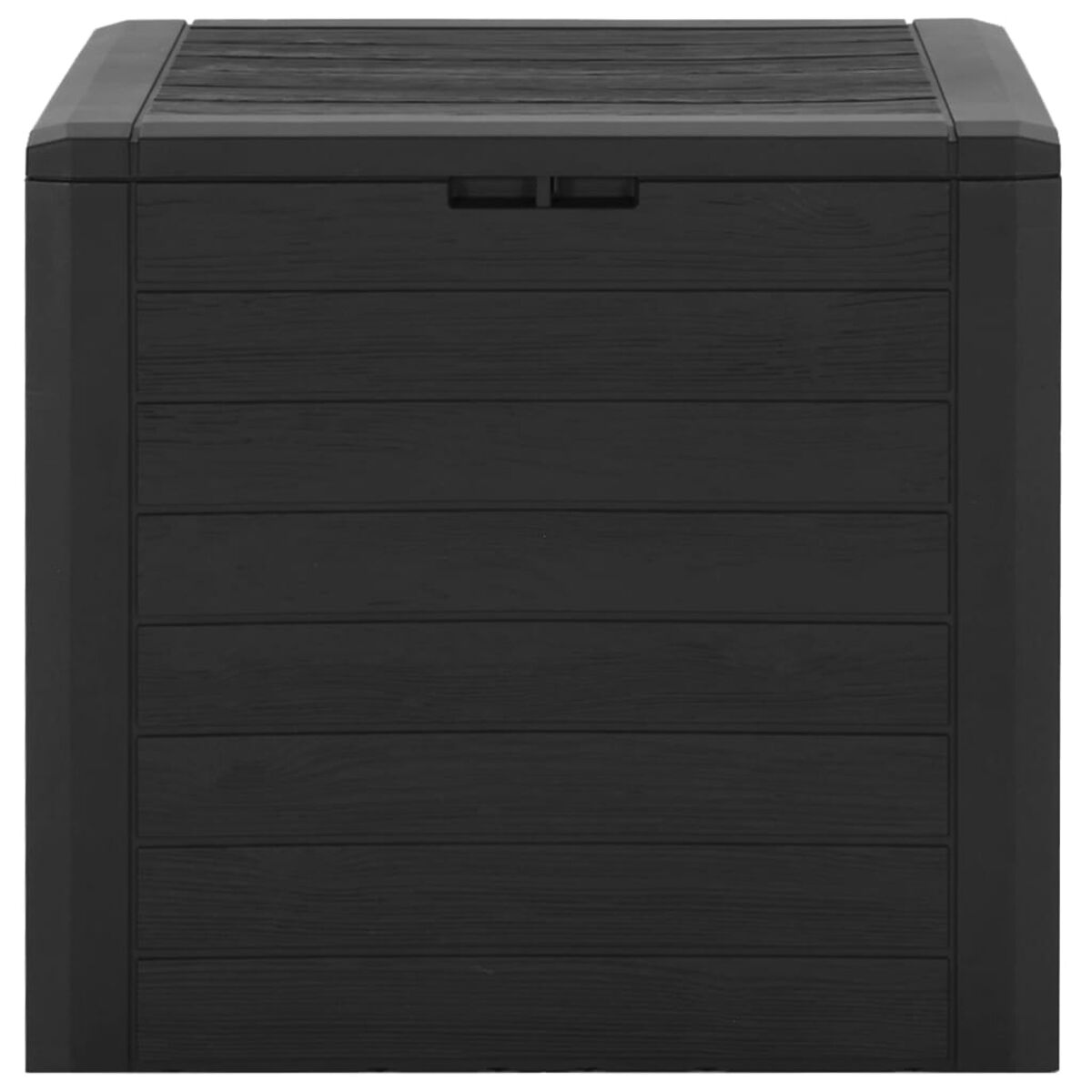 Eine schwarze Aufbewahrungsbox mit Holzstruktur. Sie ist rechteckig mit flachem Deckel.