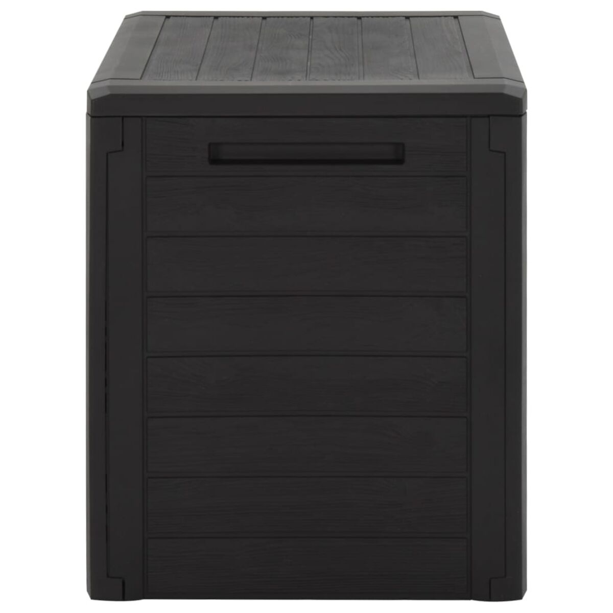 Schwarze Aufbewahrungsbox für den Außenbereich mit Holzstruktur auf weißem Hintergrund.