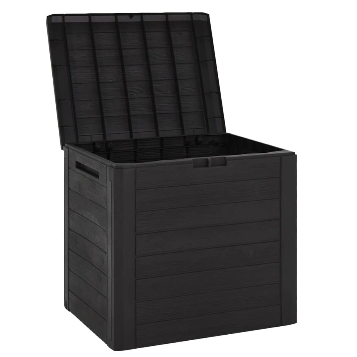 Schwarze Outdoor-Aufbewahrungsbox mit offenem Deckel. Holzmaserung sichtbar.