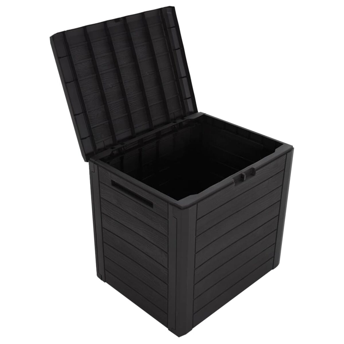 Schwarze Aufbewahrungsbox. Offener Deckel, schwarzes Kunststoffmaterial und Holzstruktur.
