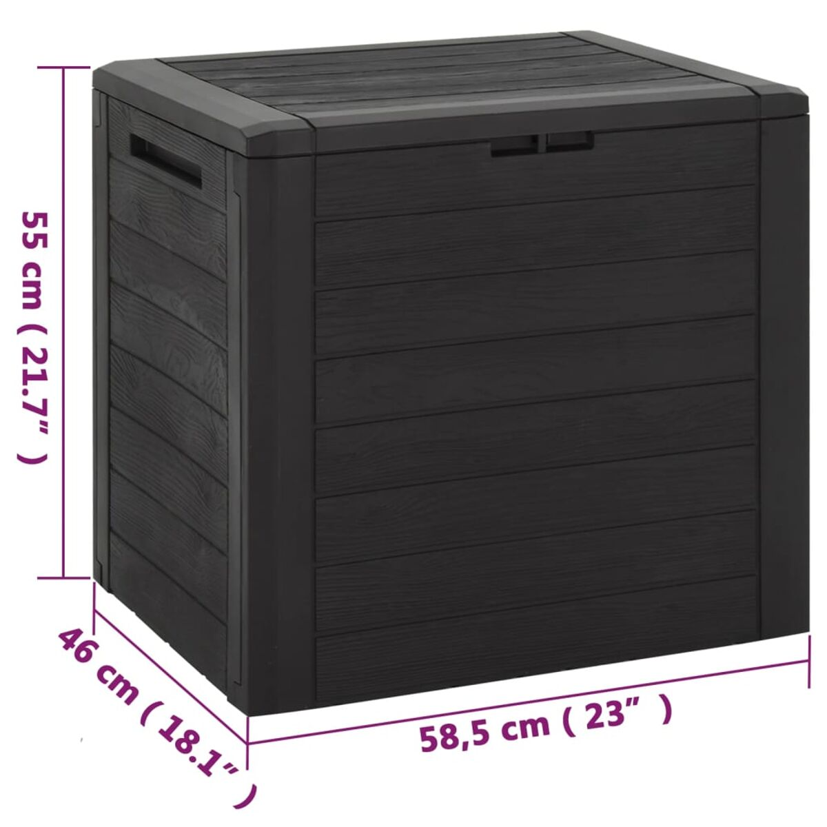 Schwarze Outdoor-Aufbewahrungsbox mit Lamellendesign. Rechteckige Form.