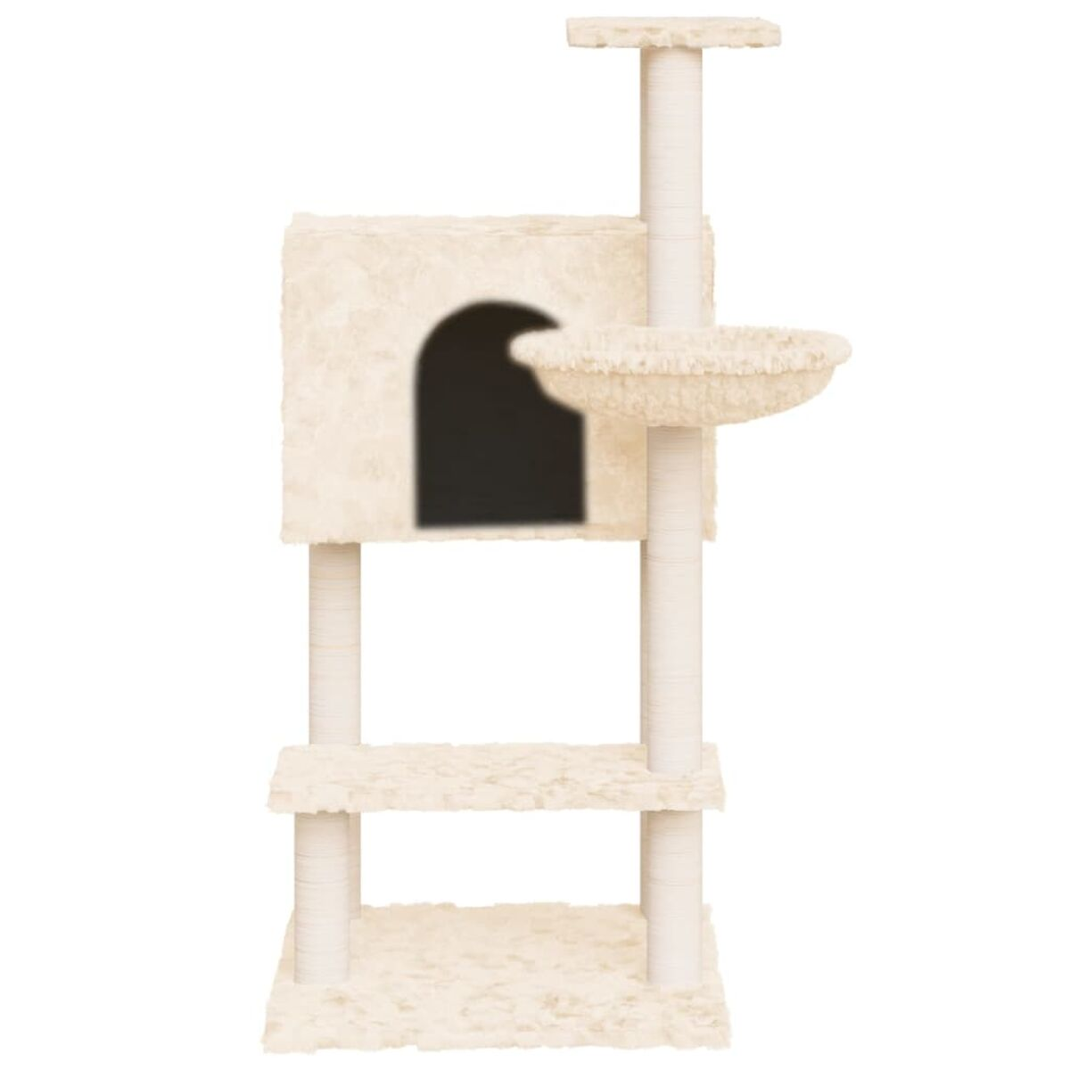 Beiger Katzenbaum mit mehreren Ebenen, einem Versteck und einer Hängematten-ähnlichen Funktion.