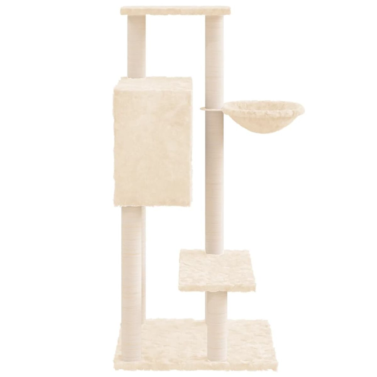 Katzenbaum mit mehreren beigen Plattformen und einem schalenförmigen Bett, alles vor weißem Hintergrund.