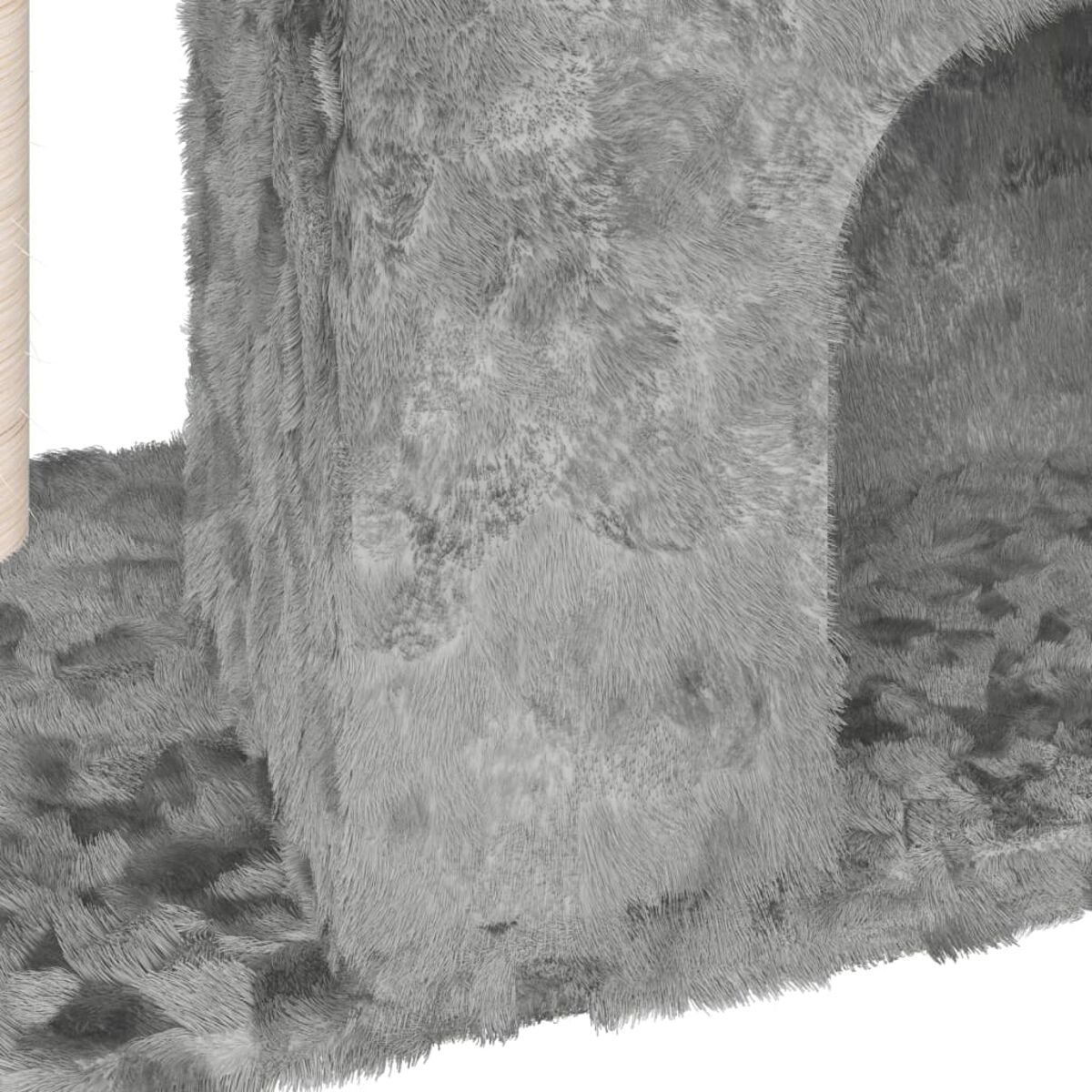 Grauer, flauschiger Katzenturmabschnitt mit Höhleneingang und kleiner Plattform, vor weißem Hintergrund.
