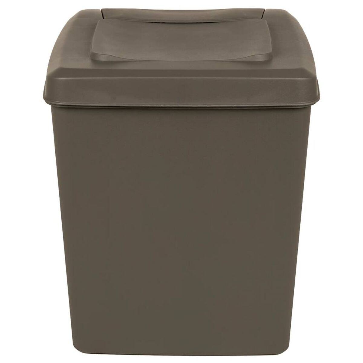 Graue Plastikmülltonne mit Deckel. Die Mülltonne ist quadratisch. Vorderansicht, isoliert auf Weiß.