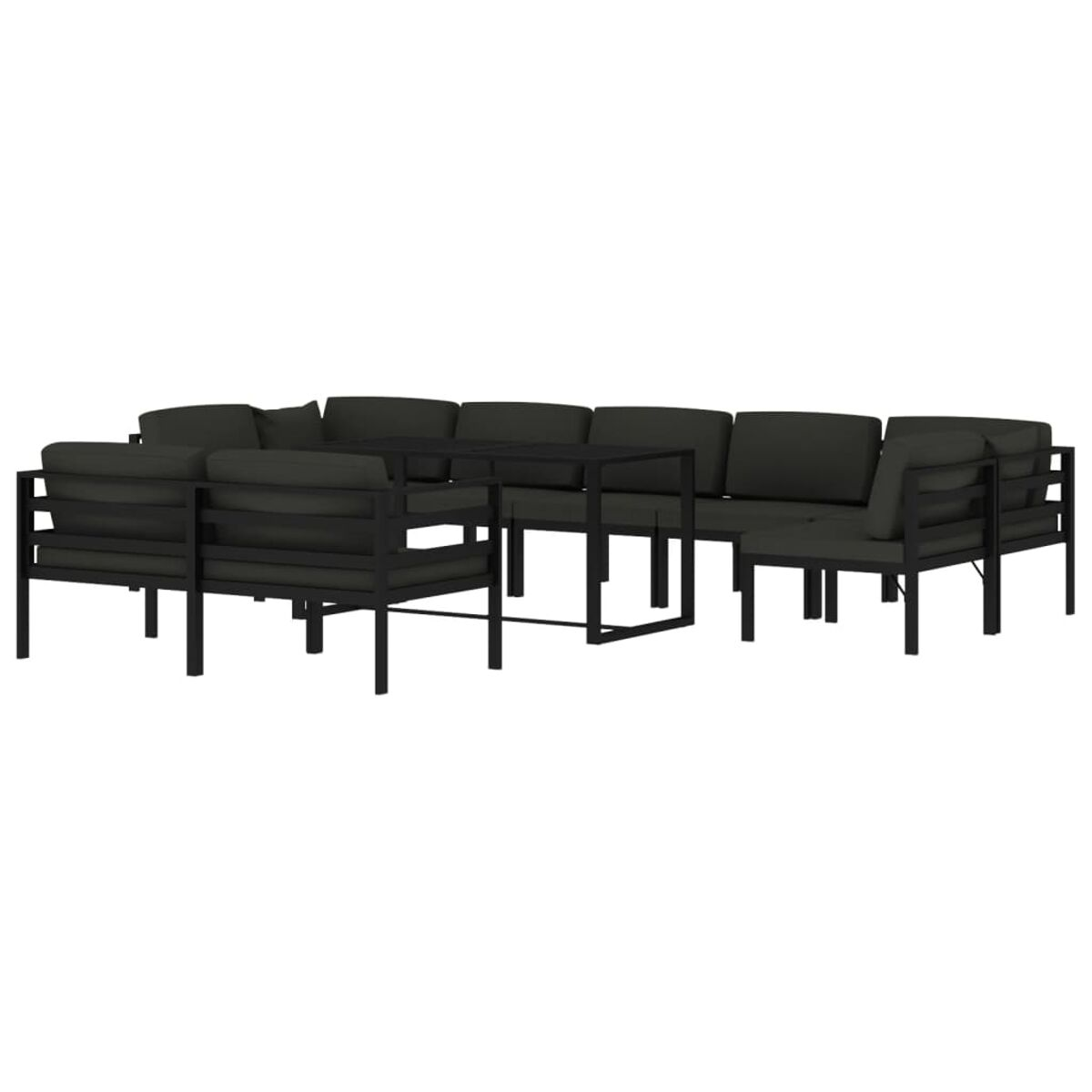 Ein schwarzes Outdoor-Sofa-Set mit Tisch. Kissen sind dunkelgrau. Weißer Hintergrund.