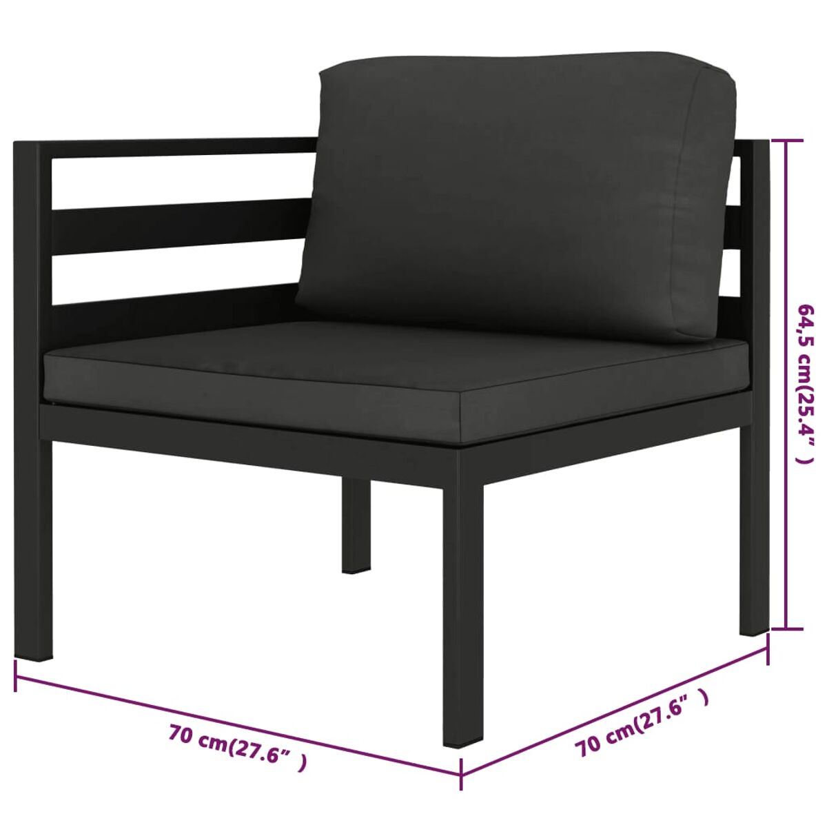 Schwarzer Outdoor-Stuhl mit dunkelgrauem Kissen. Modernes Design, quadratische Form.