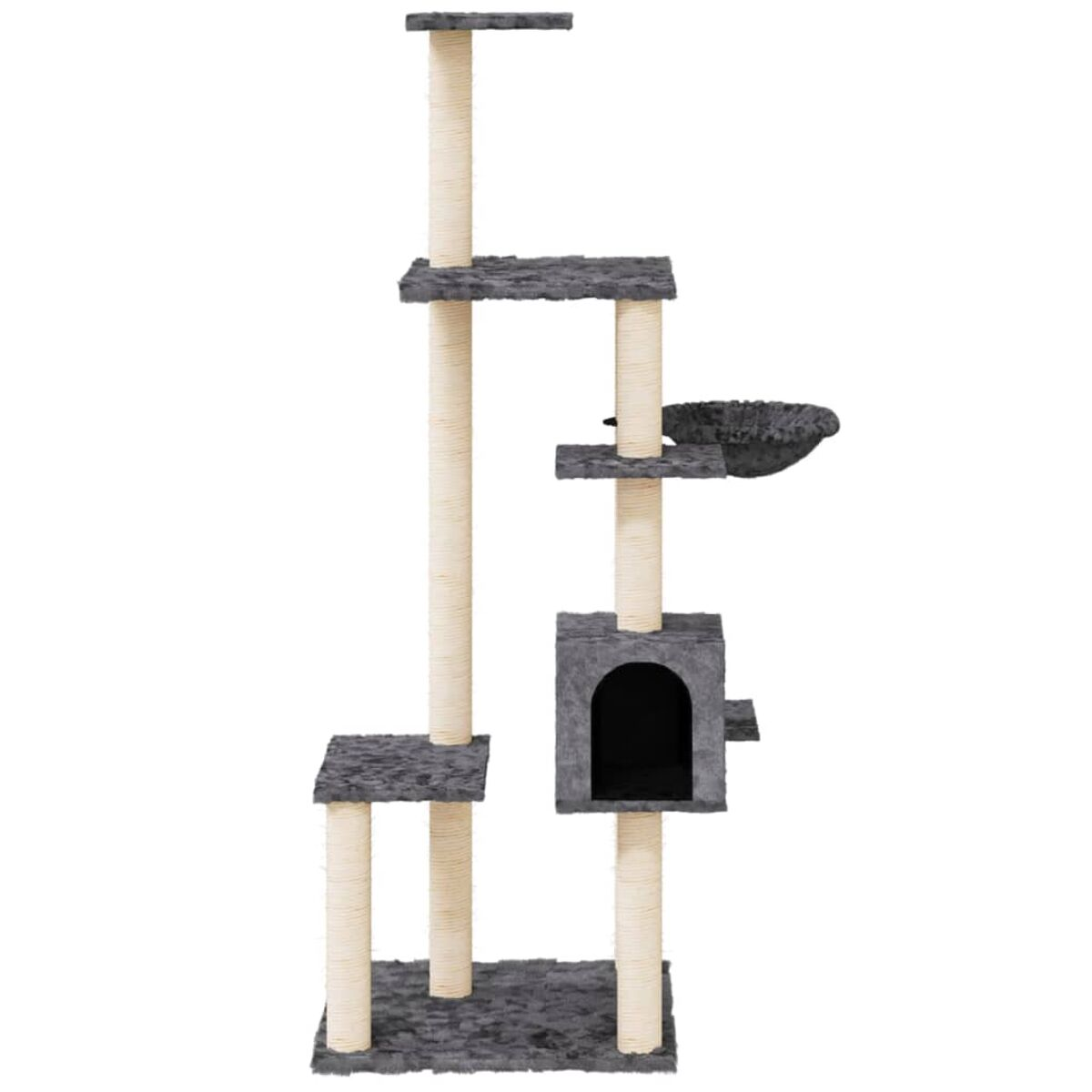 Ein Katzenbaum mit mehreren Ebenen, Plattformen, einem Condo und Kratzbäumen, grau und beige.