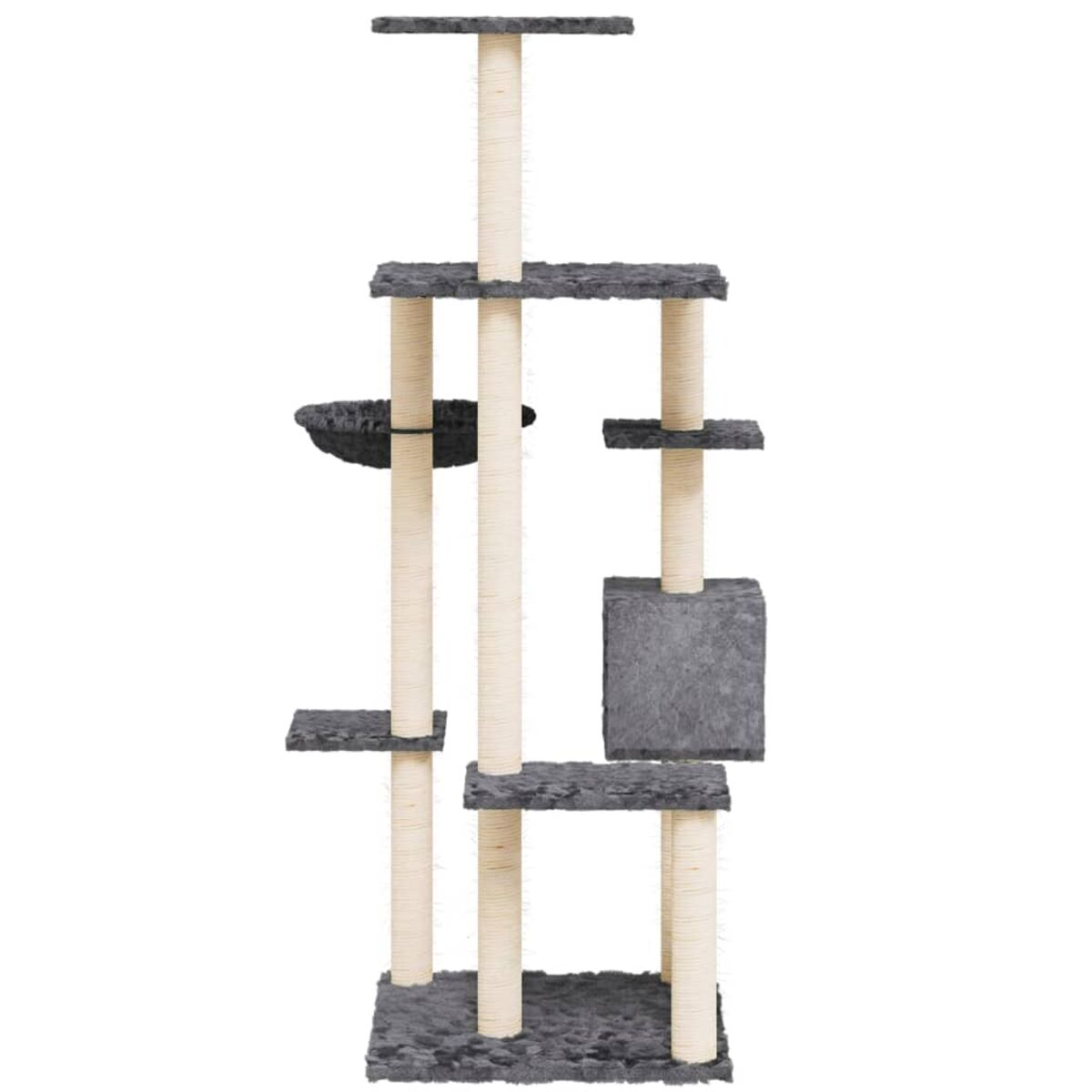 Mehrstöckiger Katzenbaum mit grauen Plattformen und Kratzbäumen. Beige Pfosten und ein Korb. Weißer Hintergrund.
