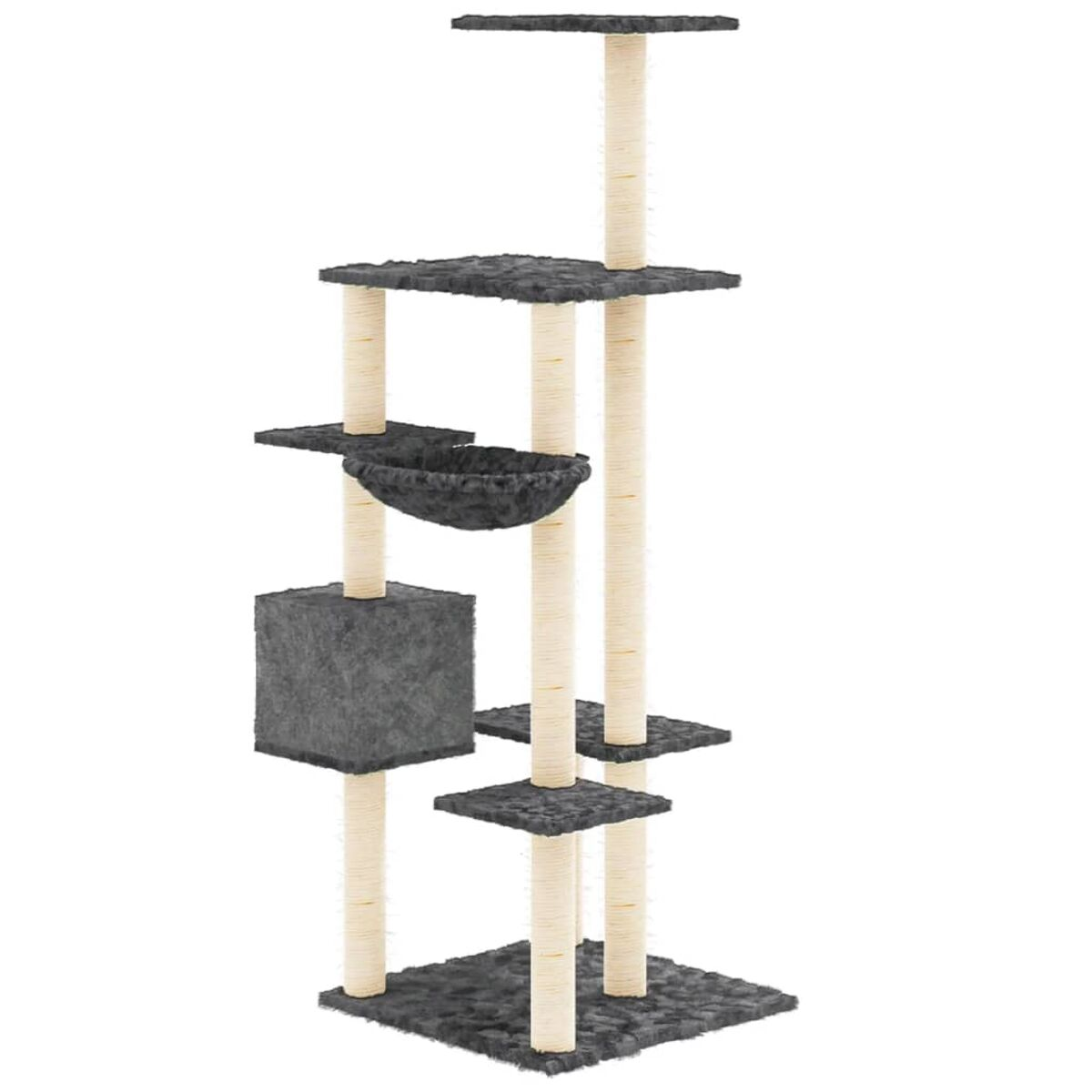 Katzenbaum mit mehreren Ebenen, Kratzpfosten und einer Hängematte. Grau- und Beigetöne.