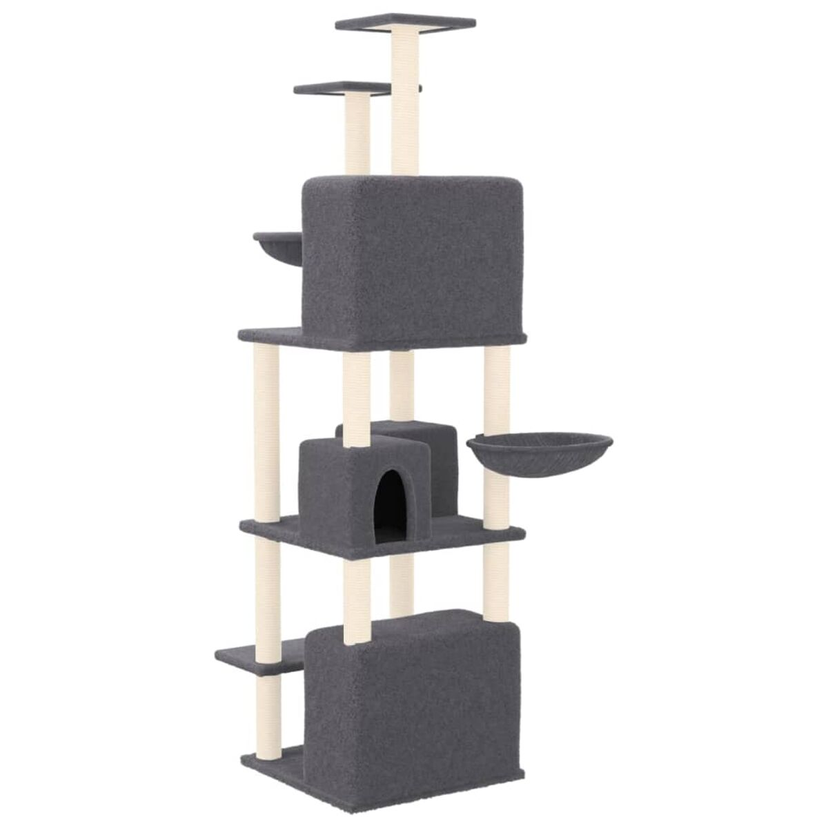 Mehrstöckiger Katzenbaum mit Plattformen, Pfosten, einer Höhle und einem bettförmigen Bett. Grau.