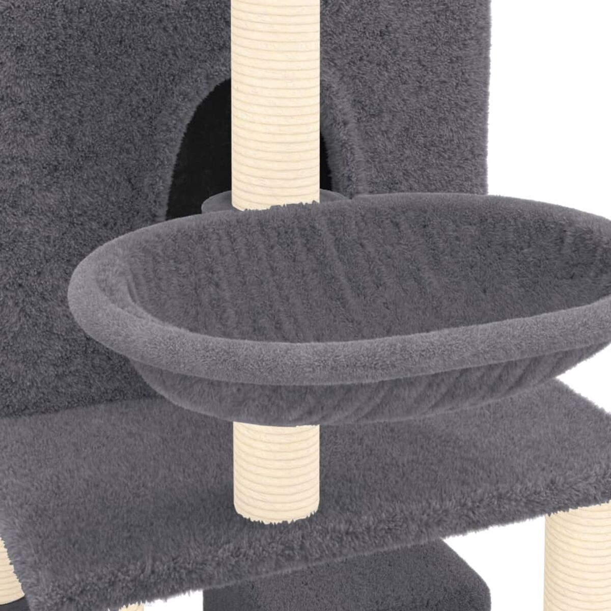 Nahaufnahme der obersten Ebene eines Katzenbaums. Es hat ein rundes Bett und eine Stützsäule.