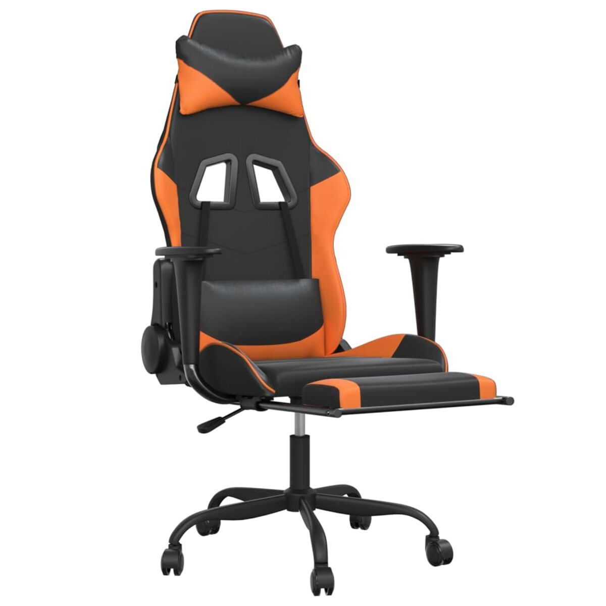 Ein orange-schwarzer Gaming-Stuhl auf Rollen. Mit Kopfstütze, Armlehnen und Fußstütze.