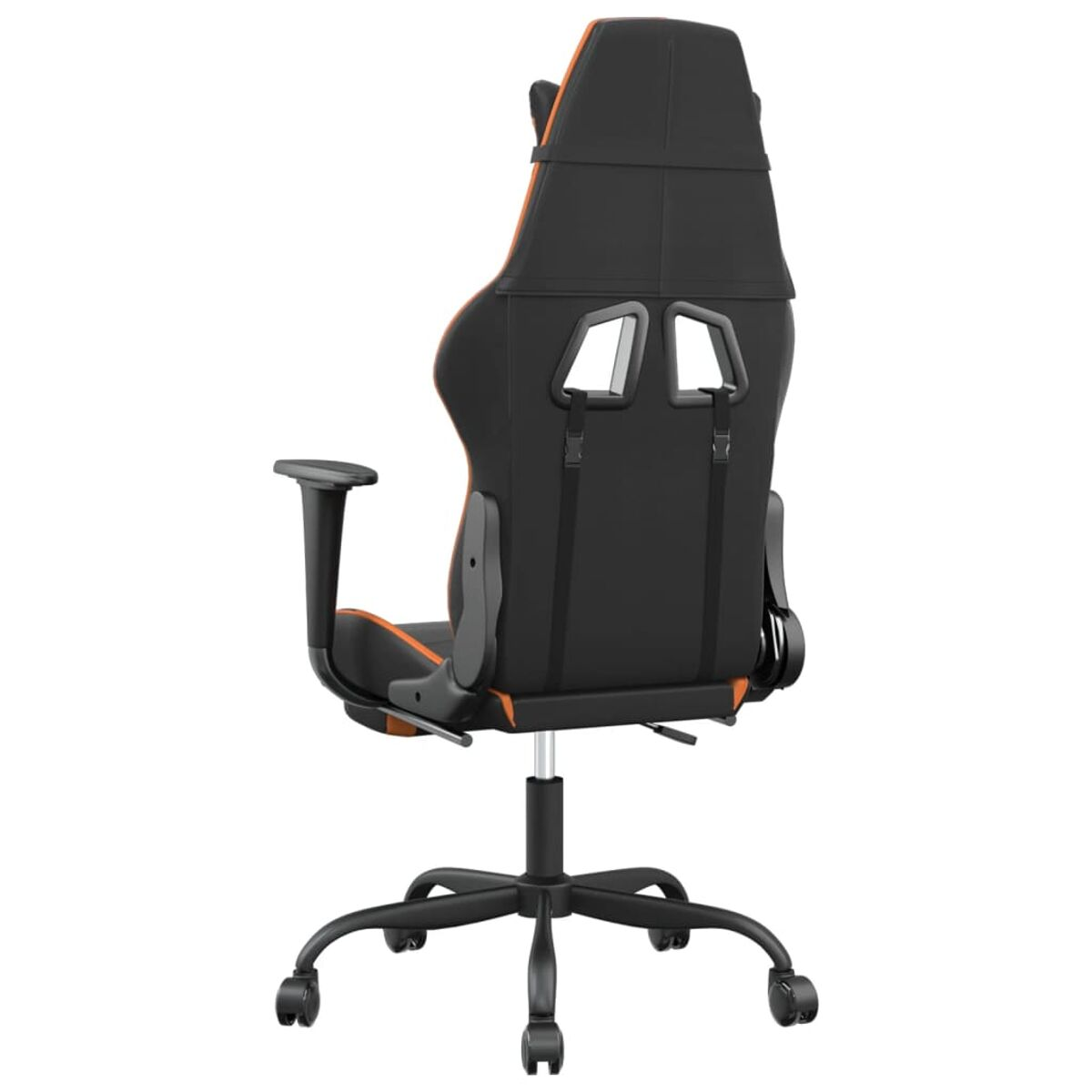 Schwarzer und orangefarbener Gaming-Stuhl mit Rollen. Rückansicht, Details sichtbar.