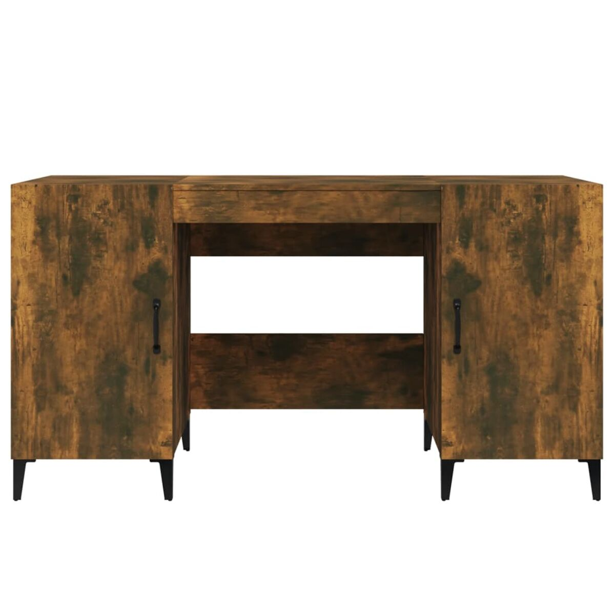 Holzschreibtisch mit Schubladen und Schränken, braune Farbe.