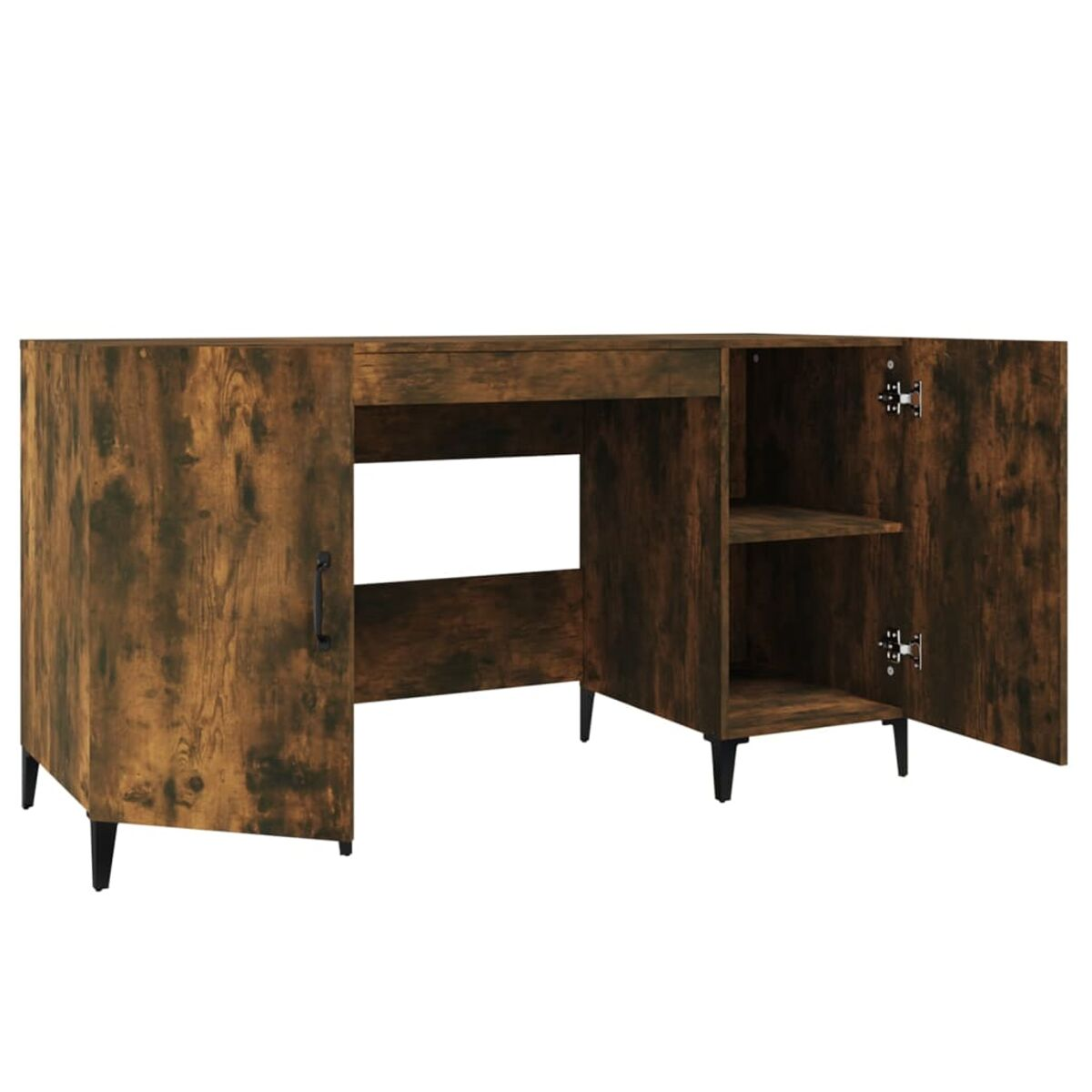 Holzschreibtisch mit dunkelbraunem Finish, offene Schubladen und Regale, schwarze Beine.