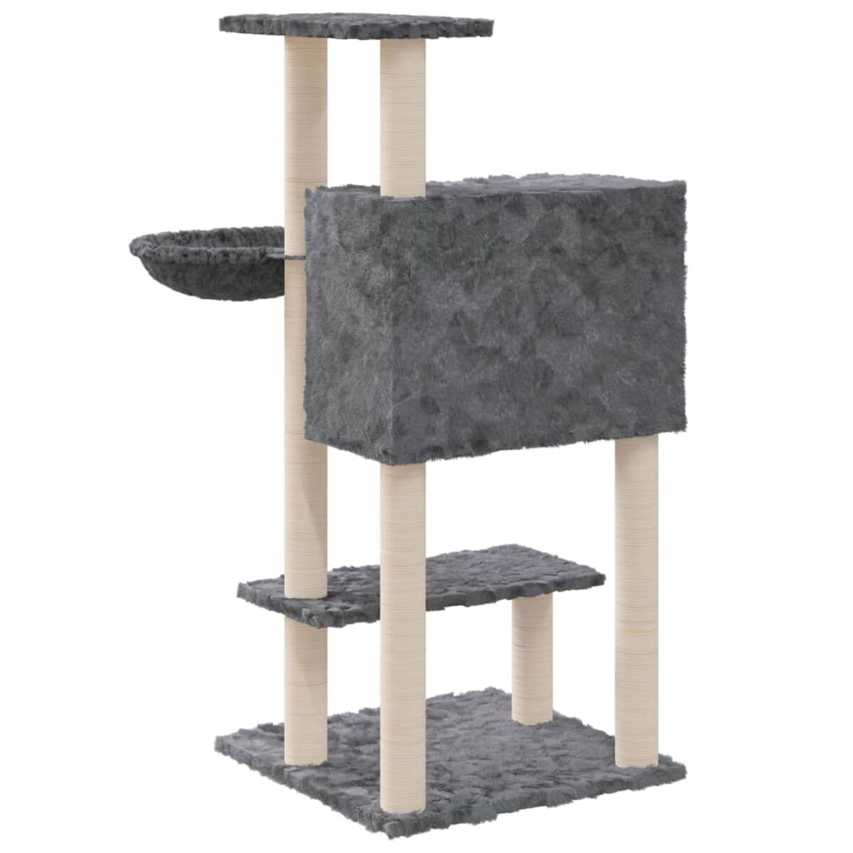 Katzenbaum mit mehreren Etagen, Pfosten und einem Korb. Er ist grau und beige, mit weißem Hintergrund.