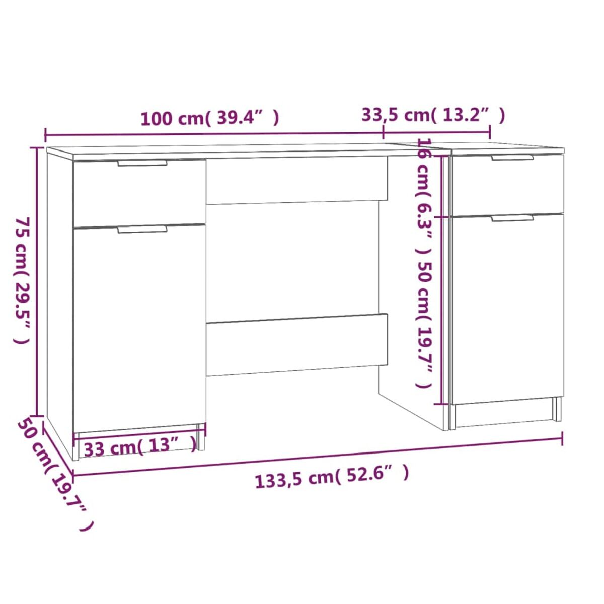 Weißer Schreibtisch mit Abmessungen: 100 cm, 133,5 cm, 75 cm, 50 cm, 16 cm und 33 cm. Weißer Hintergrund.