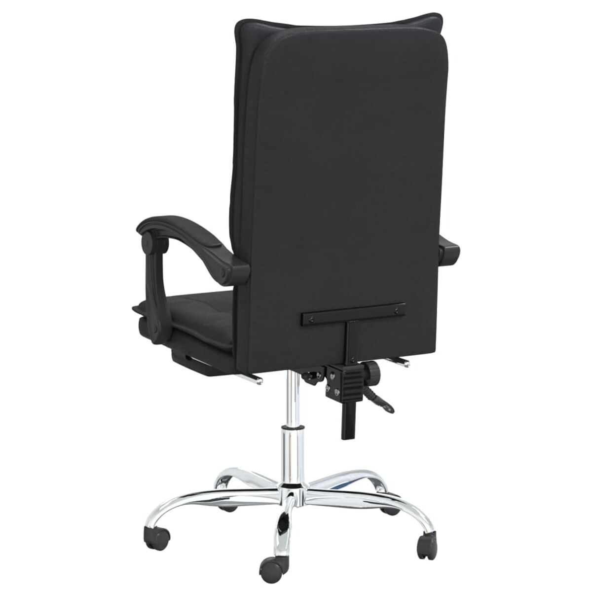 Bürostuhl, Rückansicht. Schwarzer Sitz und Rücken, Chromgestell, Armlehnen und verstellbare Funktionen.
