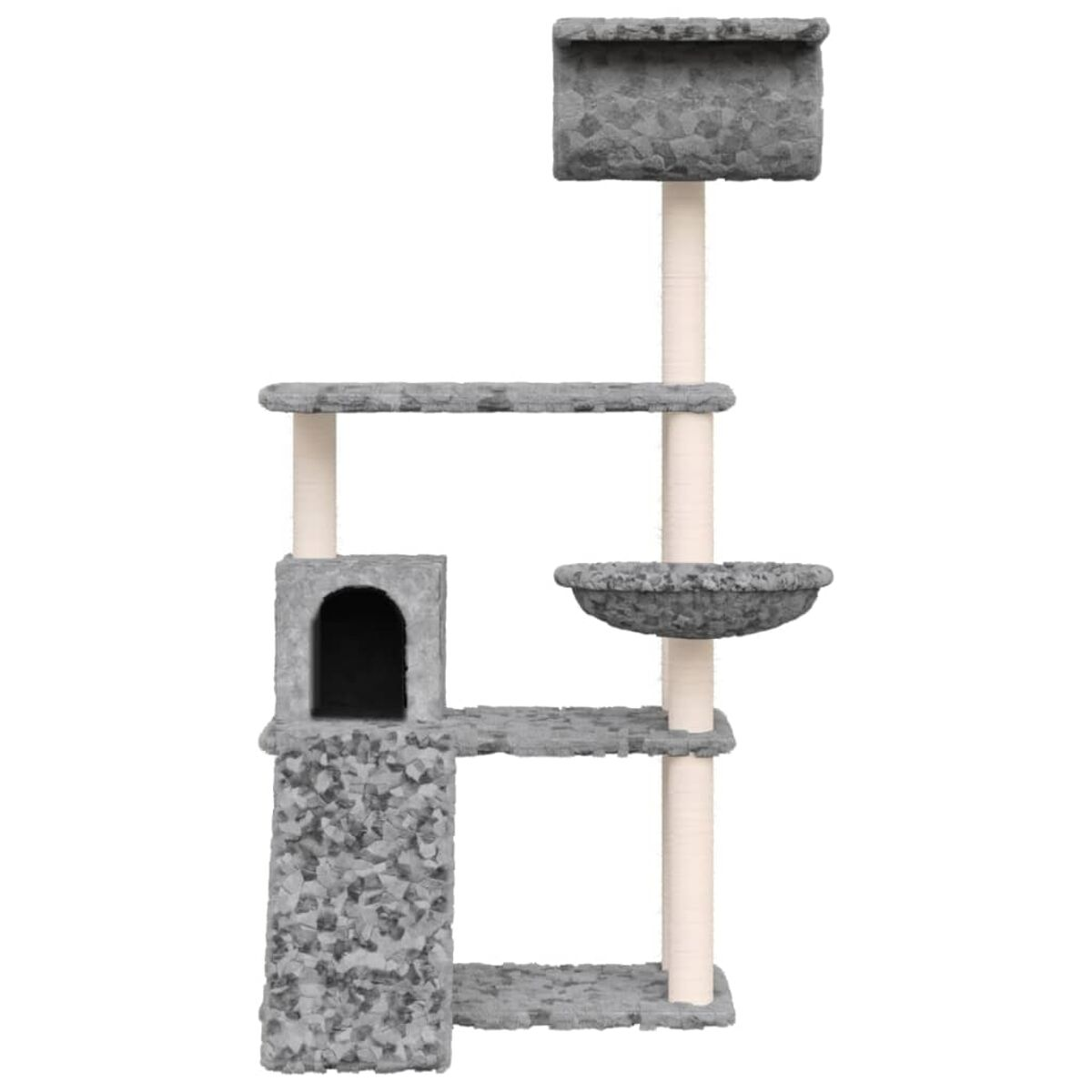 Mehrstöckiger Katzenbaum in grauer Steinstruktur, mit Höhle, Plattformen und einer Schale.