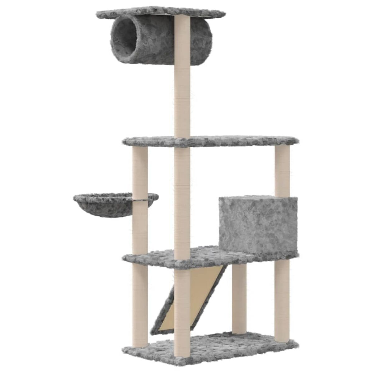 Katzenbaum mit mehreren Plattformen, einem Tunnel und Kratzbäumen. Es ist grau und beige.