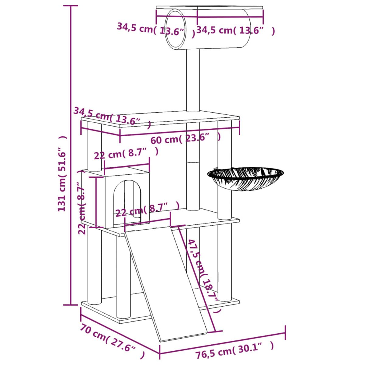 Diagramm eines Katzenbaums mit Maßen in Zentimetern und Zoll. Enthält Plattformen und eine Höhle.