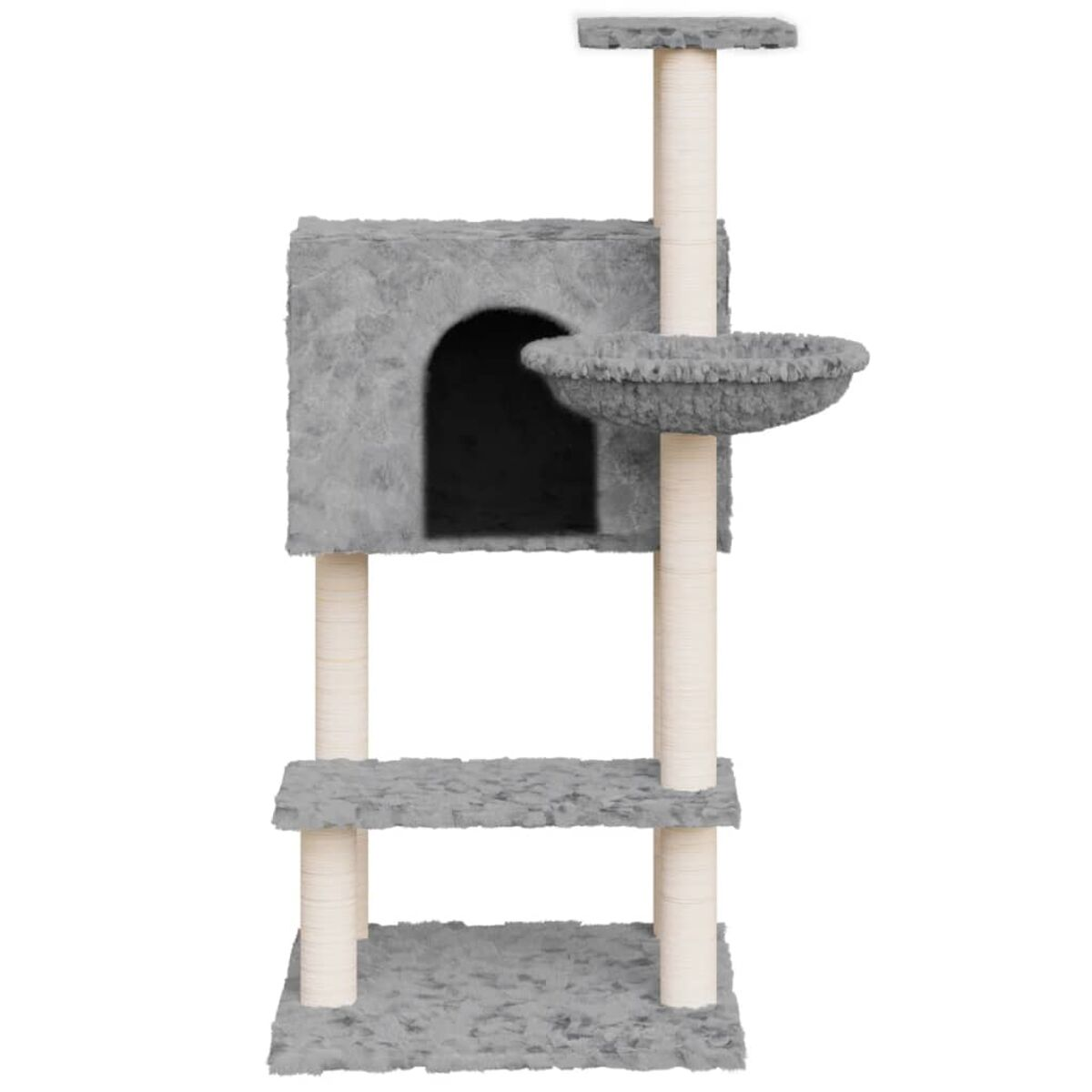 Ein grauer Katzenbaum mit Haus, Schüssel und Plattformen, auf weißem Hintergrund.