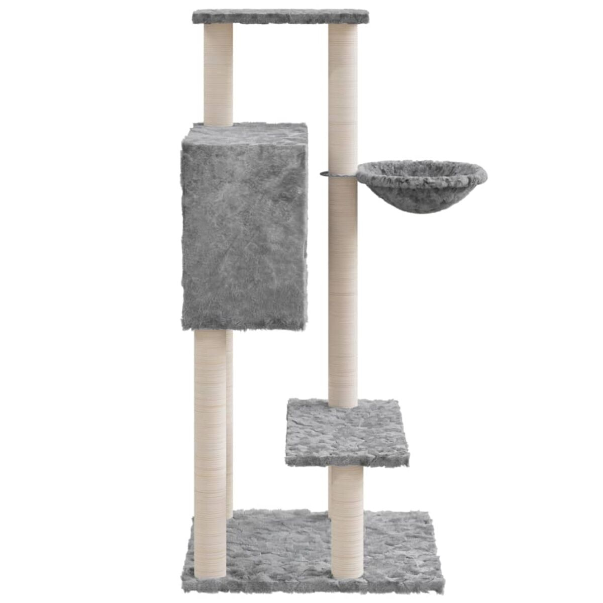 Katzenturm mit mehreren Ebenen. Grauer Teppich, hellbeige Pfosten. Schale und Bett.