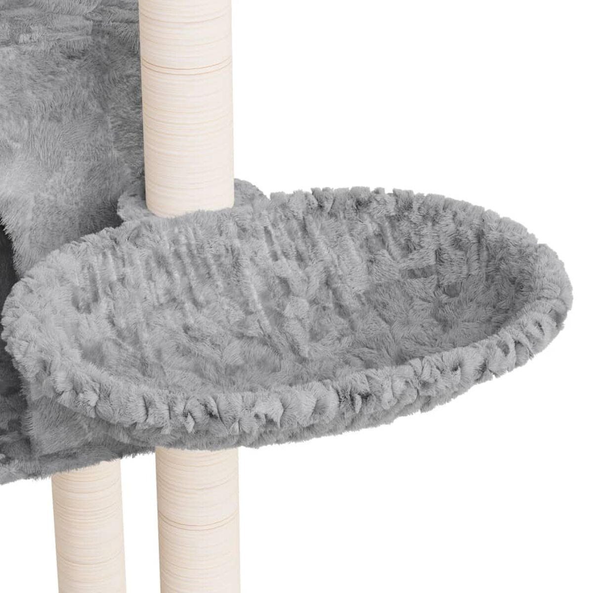Graues Katzenbett mit weicher, flauschiger Oberfläche, an einem Kratzbaum befestigt.