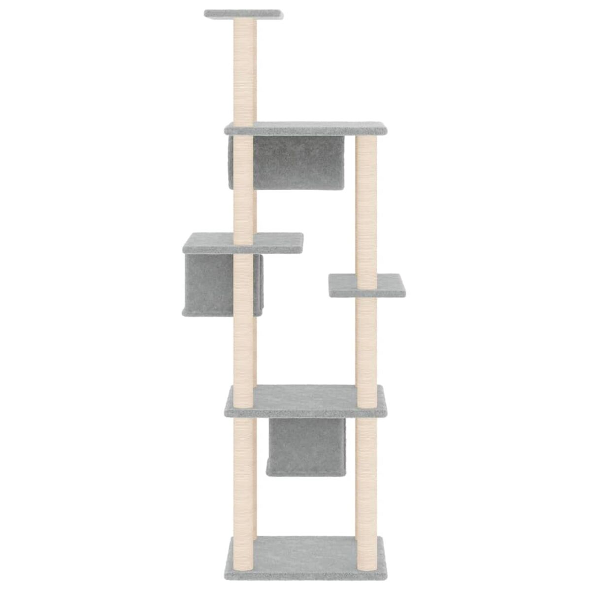Katzenbaum mit mehreren Ebenen und Kratzpfosten. Graue Plattformen und hellbeige Pfosten.