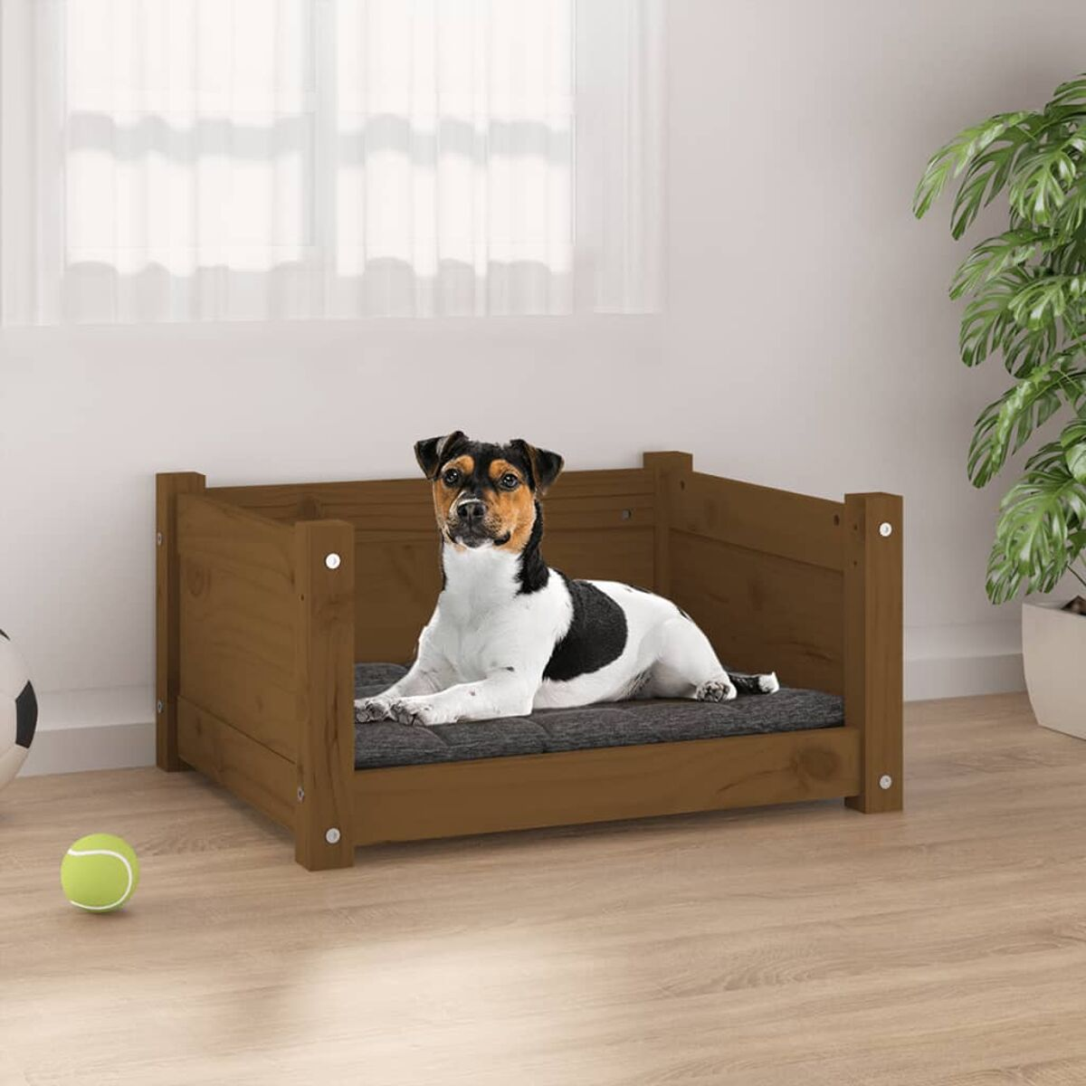 Ein Hund liegt in einem Hundebett aus Holz. Das Bett ist braun, mit einem grauen Kissen. Weiße Wände und ein Fenster.
