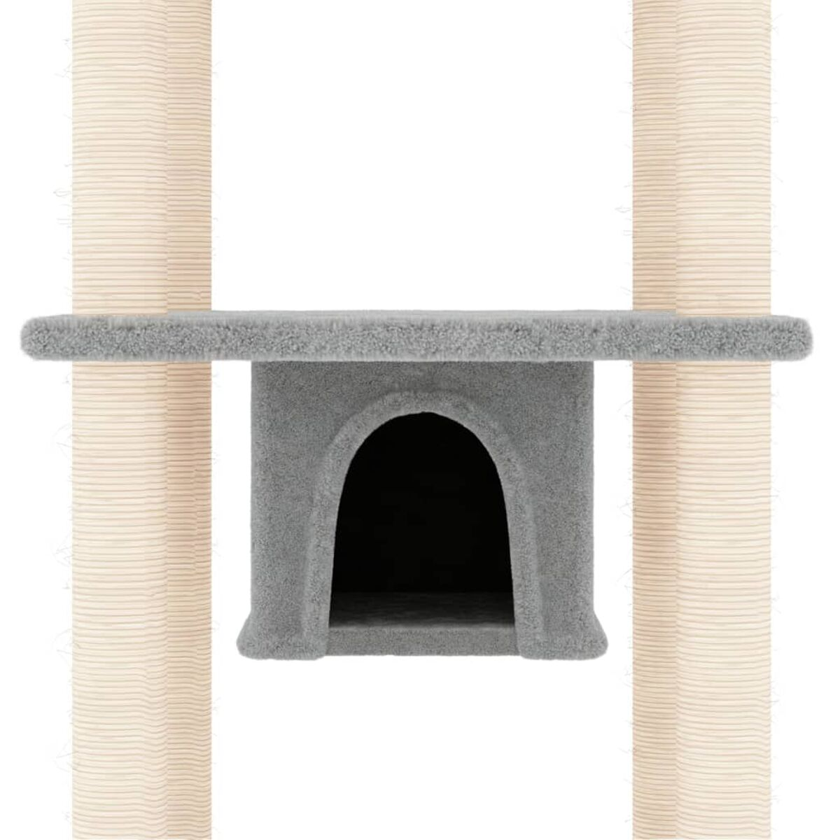 Katzenbaum. Er hat eine graue Höhle, ein graues Regal und zwei beige Stützpfosten. Es ist vor einem weißen Hintergrund.