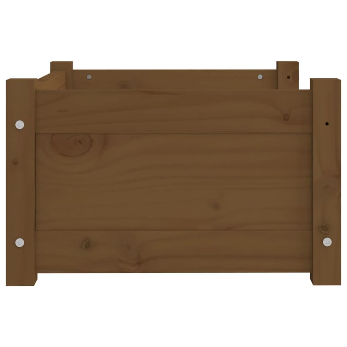Braune Holzkiste von oben gesehen. Sichtbare Holzmaserung und Befestigungen.