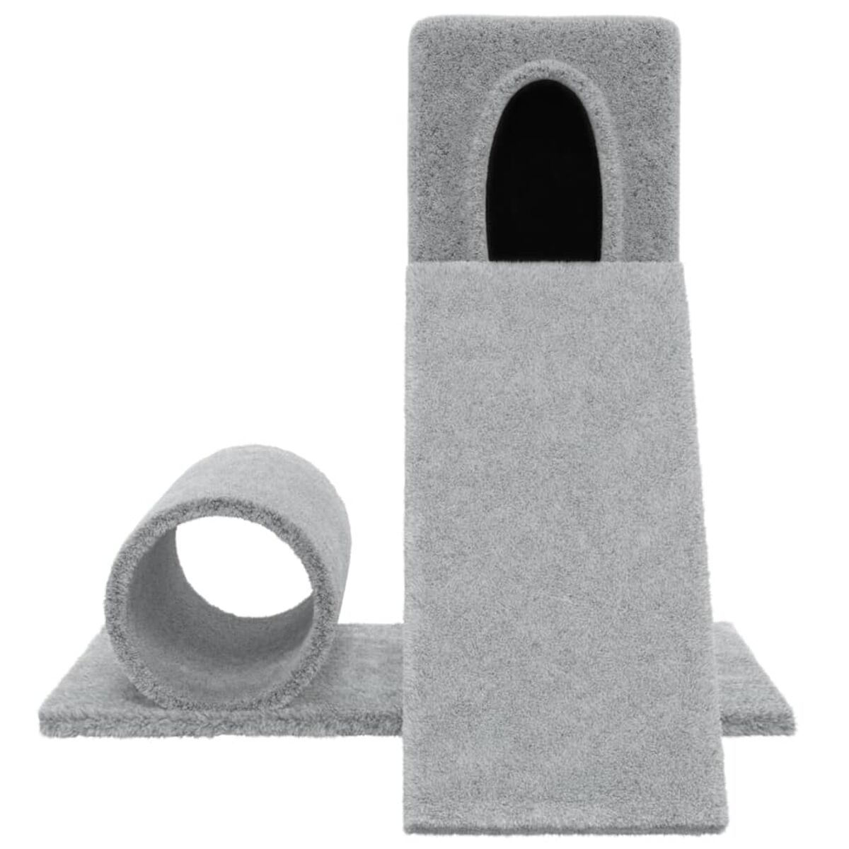 Graue Katzenmöbel mit Tunnel, Turm und Boden. Flauschige Textur.