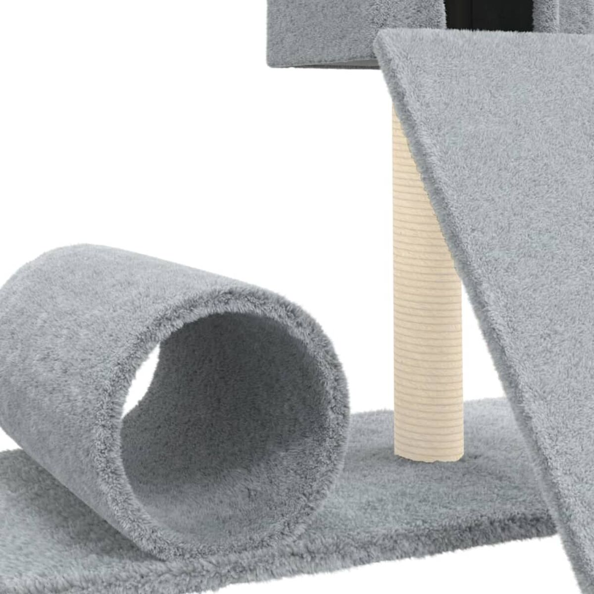 Nahaufnahme eines Katzenbaums mit Tunnel, Rampe und Plattform. Weißer Hintergrund.