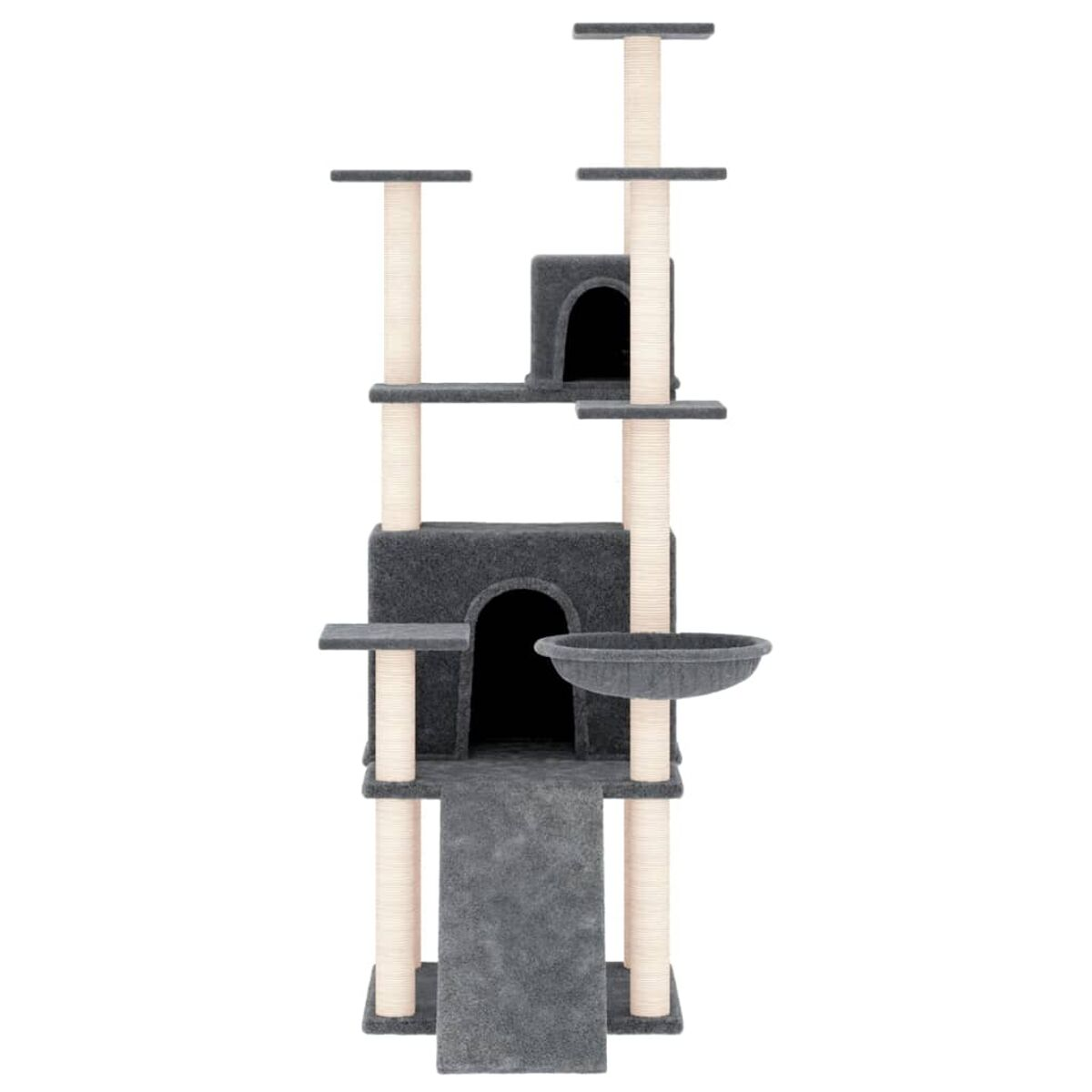 Ein mehrstöckiger Katzenbaum mit Plattformen, Wohneinheiten und Kratzbäumen.