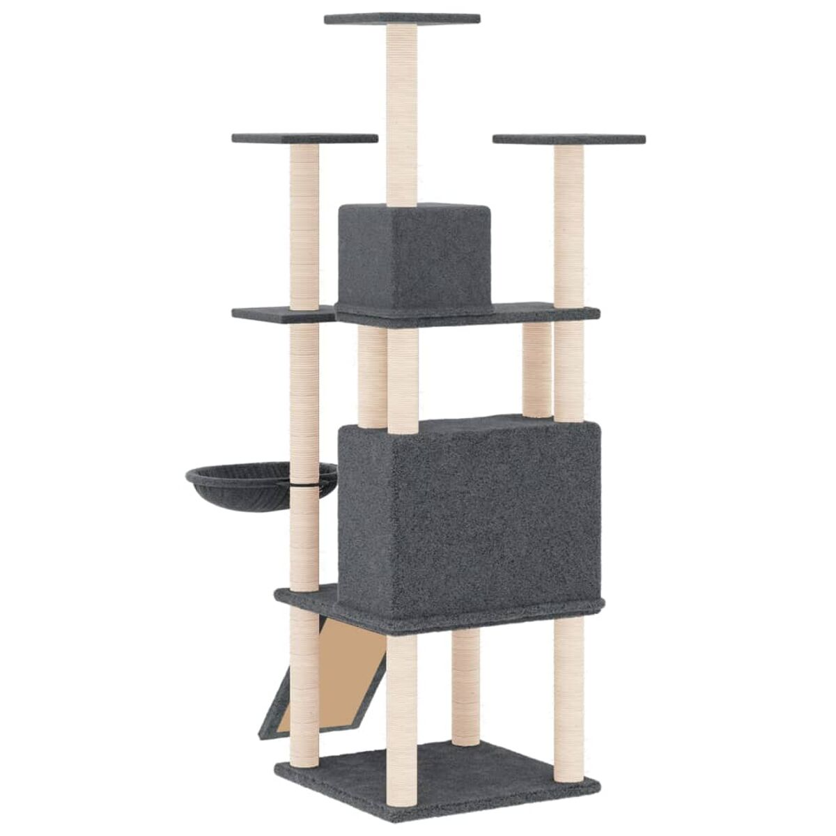 Katzenbaum mit mehreren Ebenen, beige und graue Farben, mit Abmessungen.