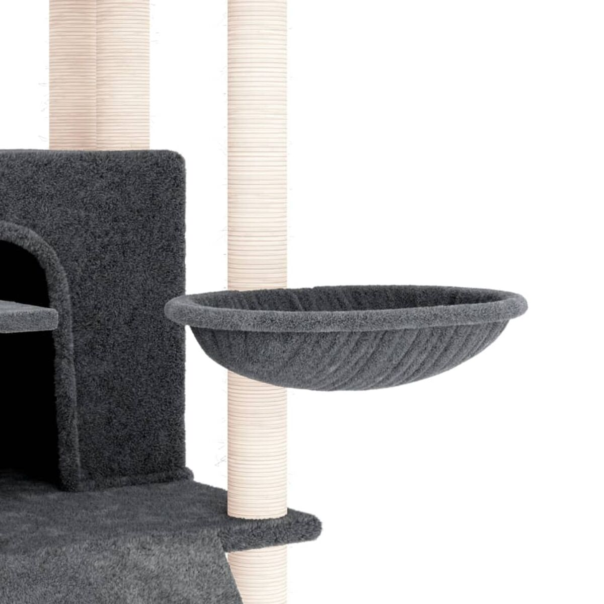 Grauer Kratzbaum mit schalenförmigem Bett. Weißer Hintergrund.